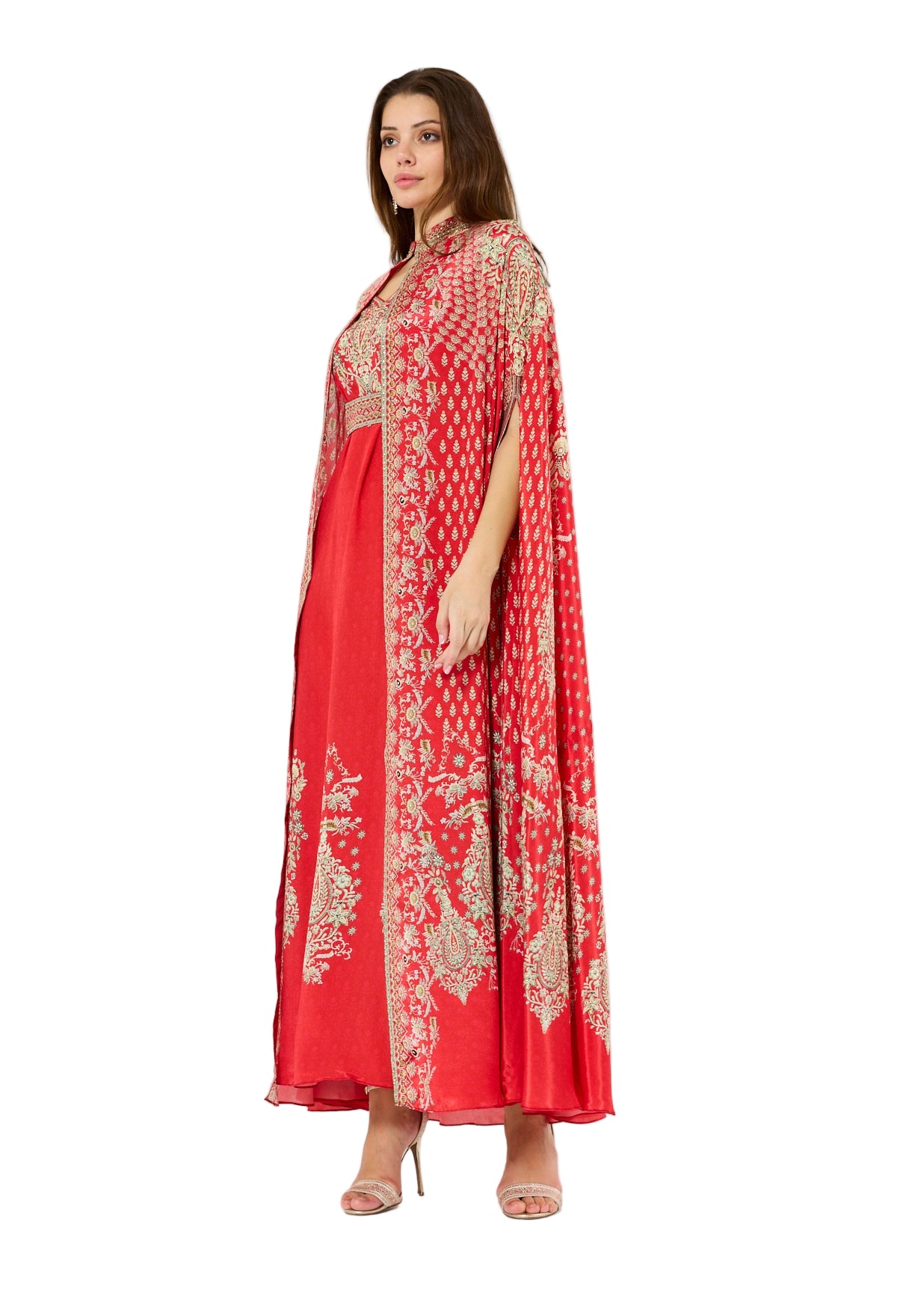 High Collar Bisht & V-Neck Dress Floral Print Set