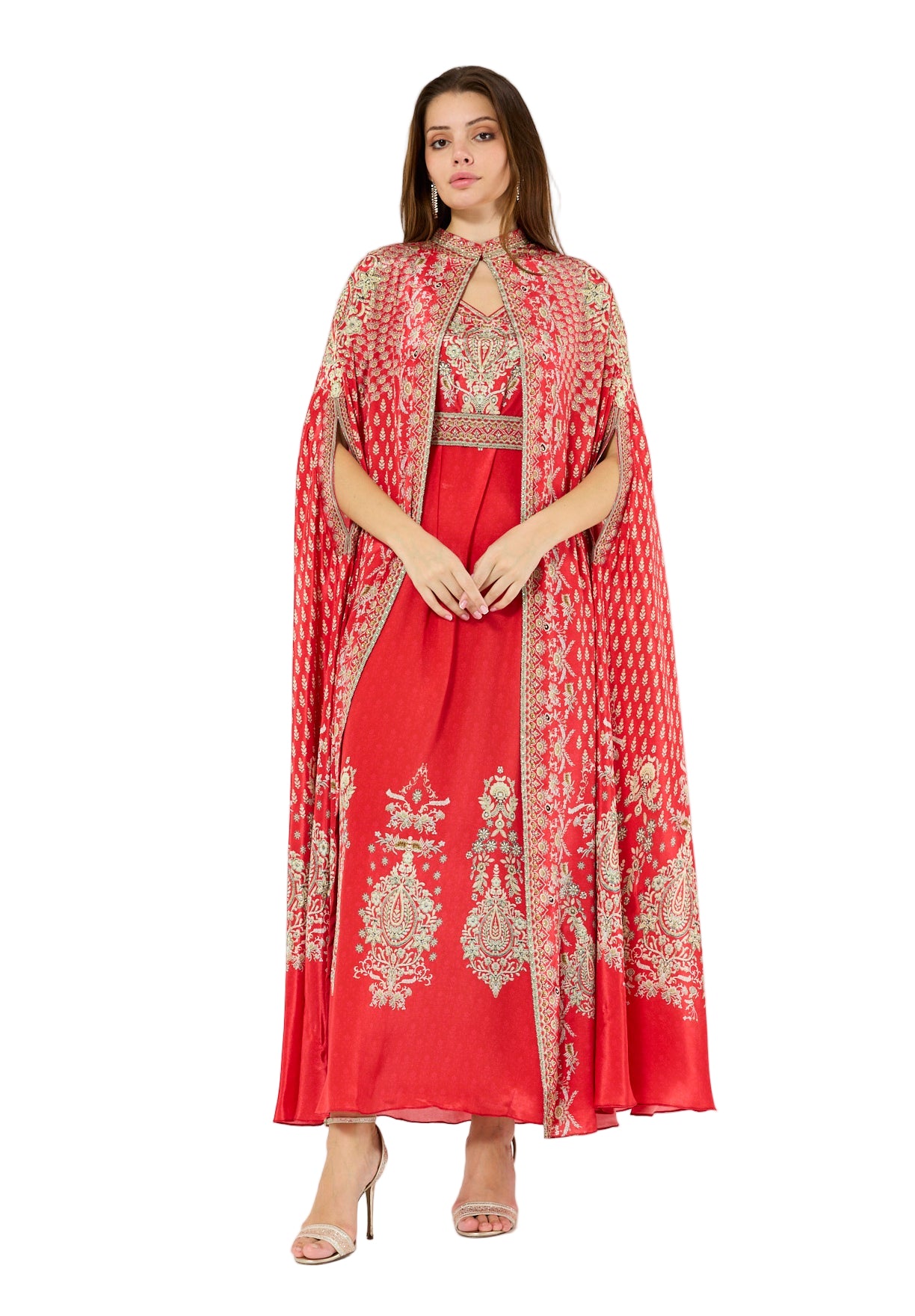 High Collar Bisht & V-Neck Dress Floral Print Set