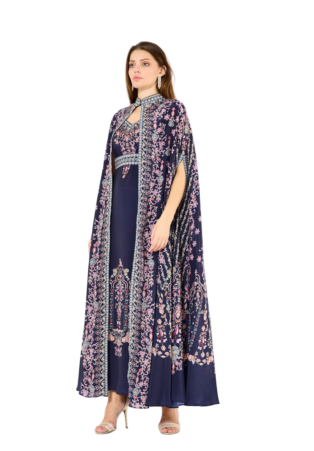Calico Floral Print Bisht & Dress Set