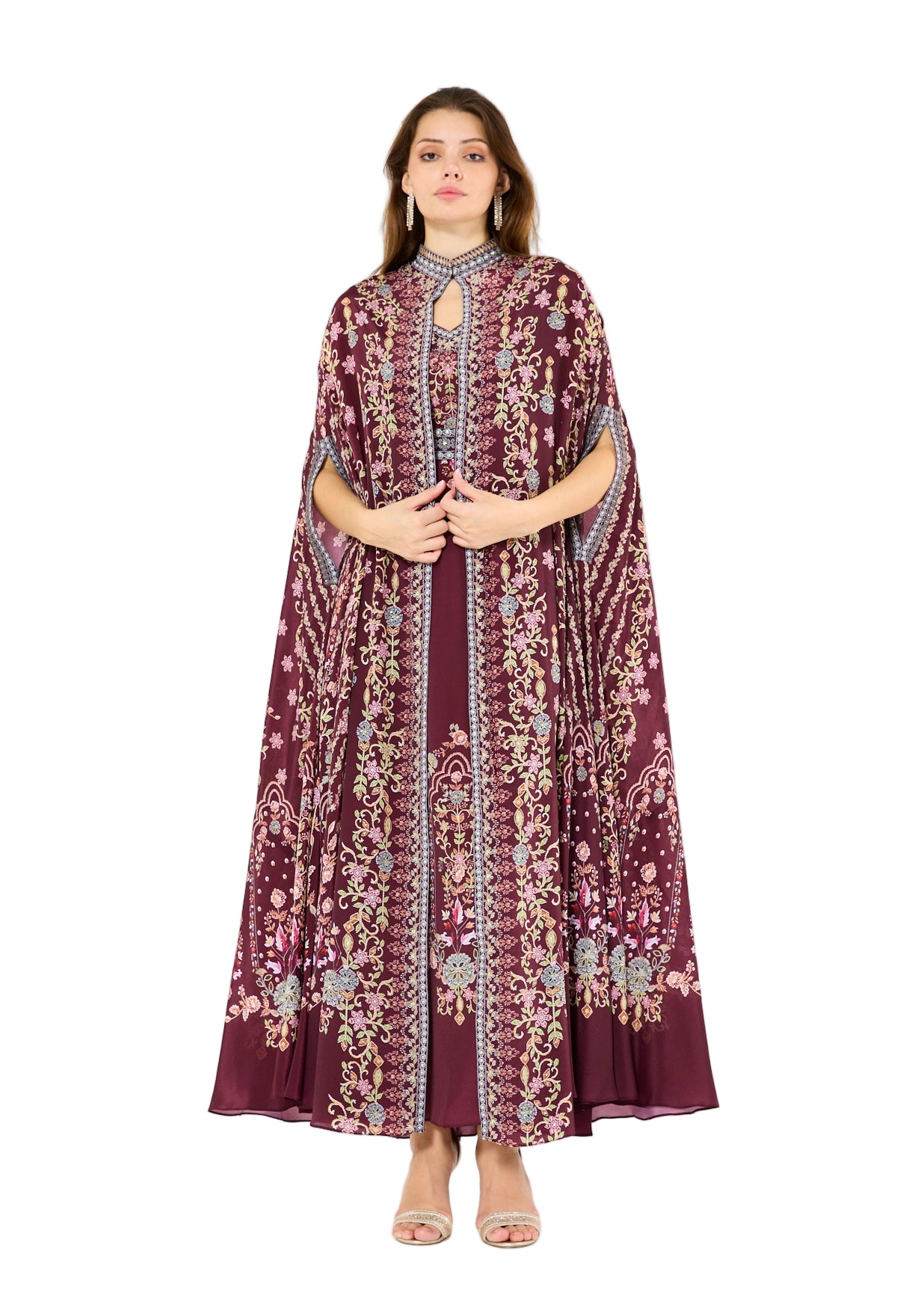 Calico Floral Print Bisht & Dress Set