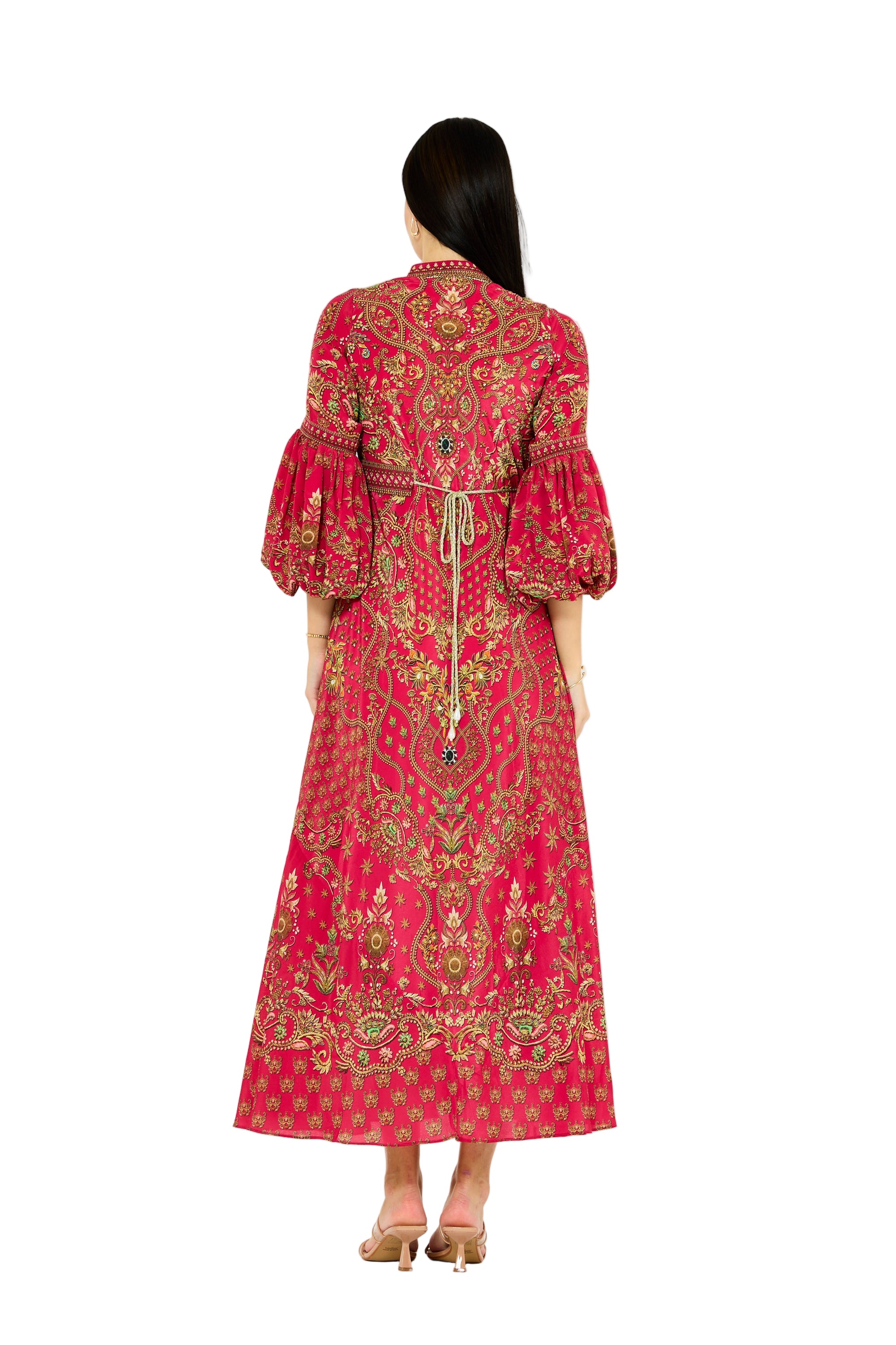 Balloon Sleeves Golden Blooms Print Maxi Dress