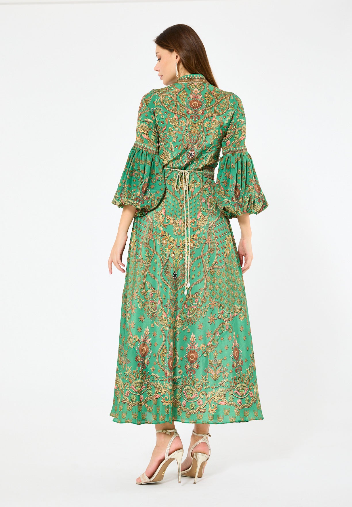 Balloon Sleeves Golden Blooms Print Maxi Dress