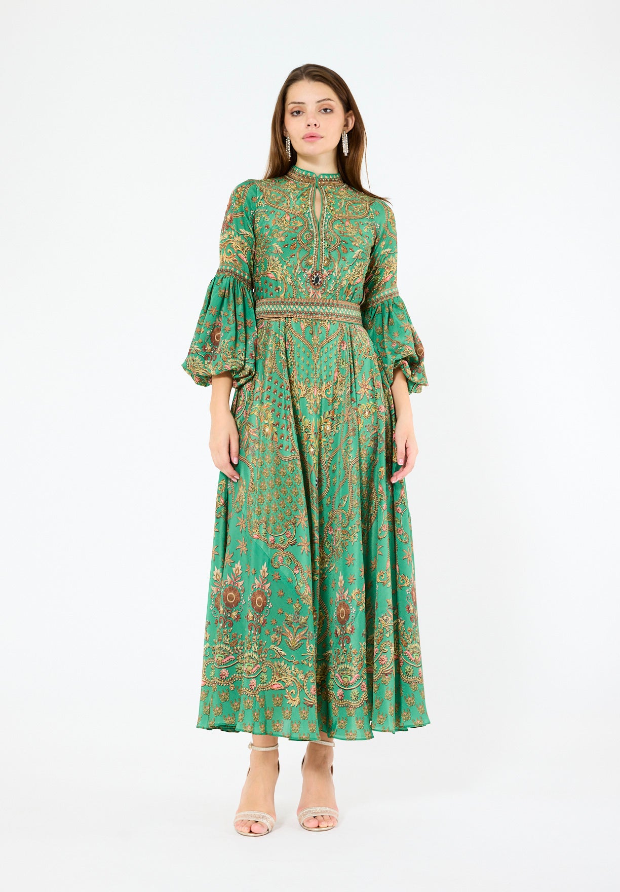 Balloon Sleeves Golden Blooms Print Maxi Dress