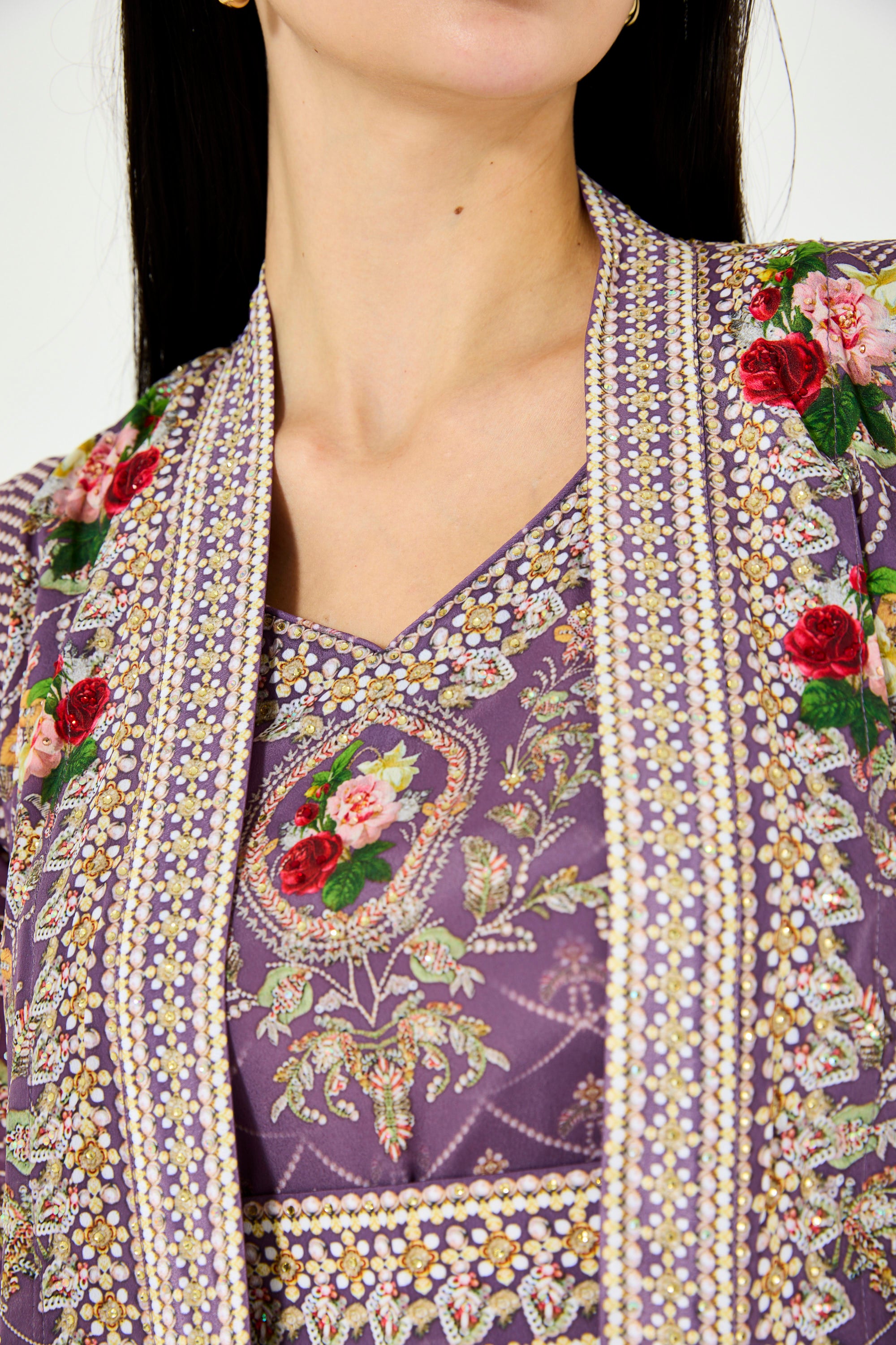 Foliage Pattern Print Bisht & Dress Set