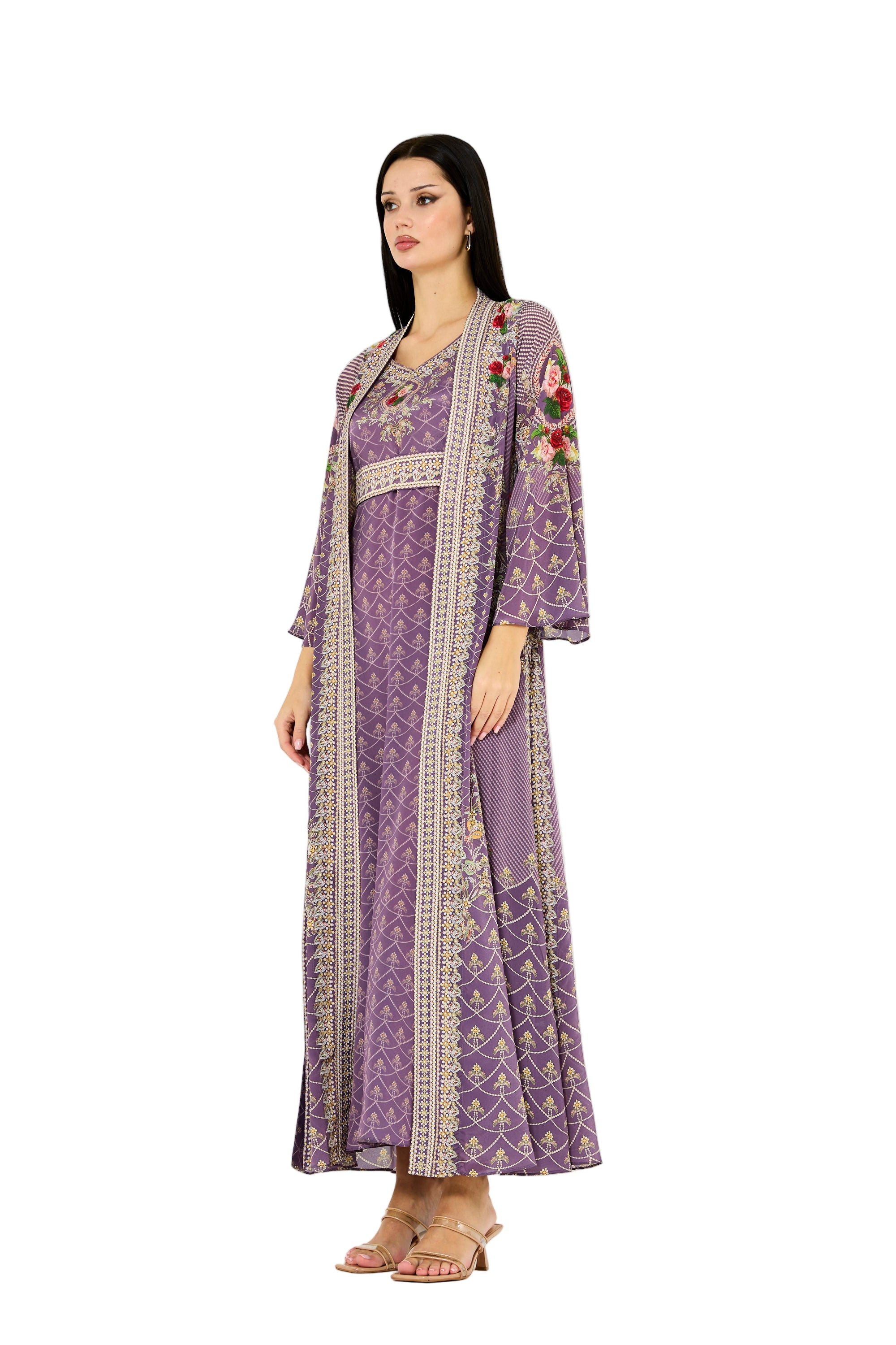 Foliage Pattern Print Bisht & Dress Set