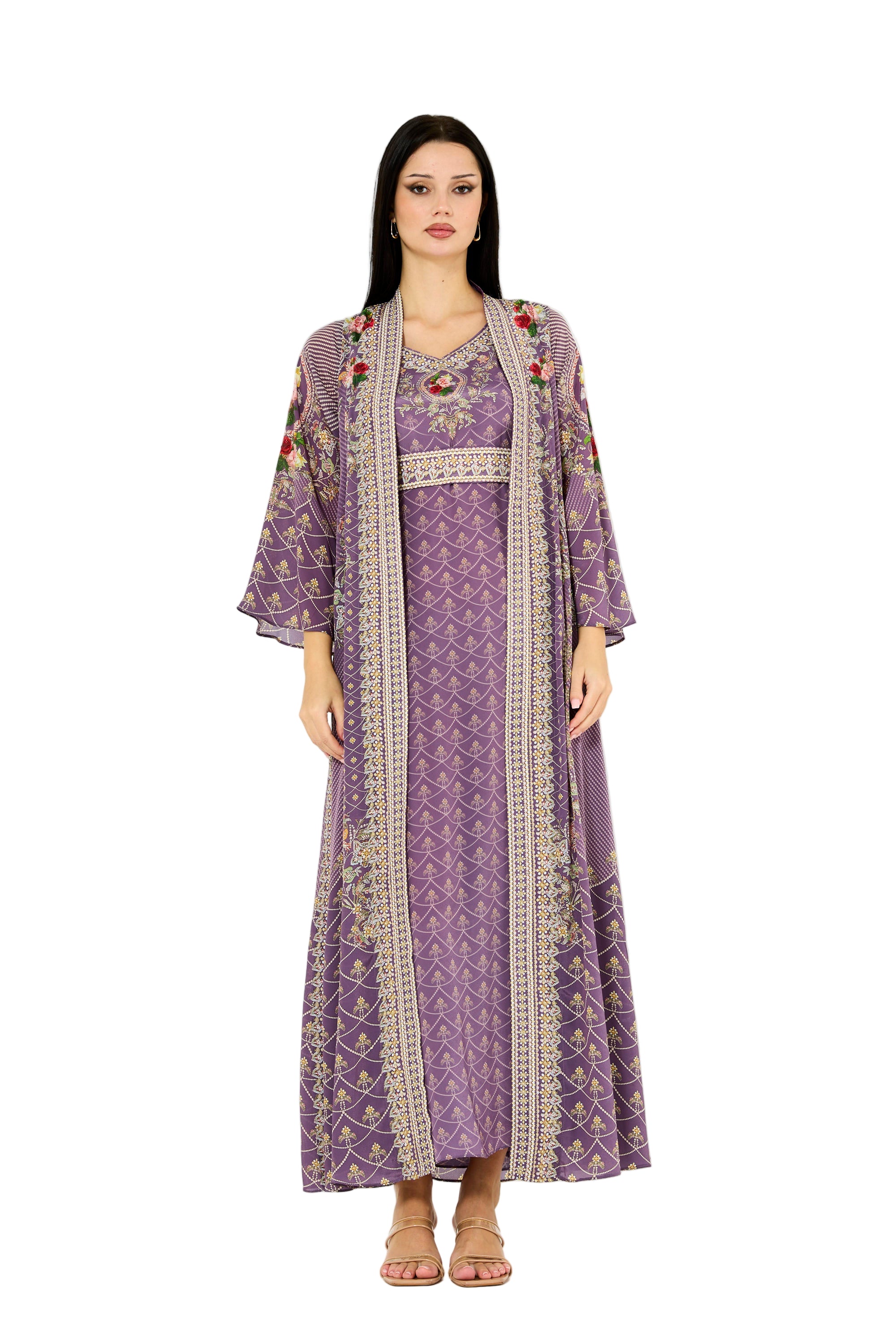 Foliage Pattern Print Bisht & Dress Set