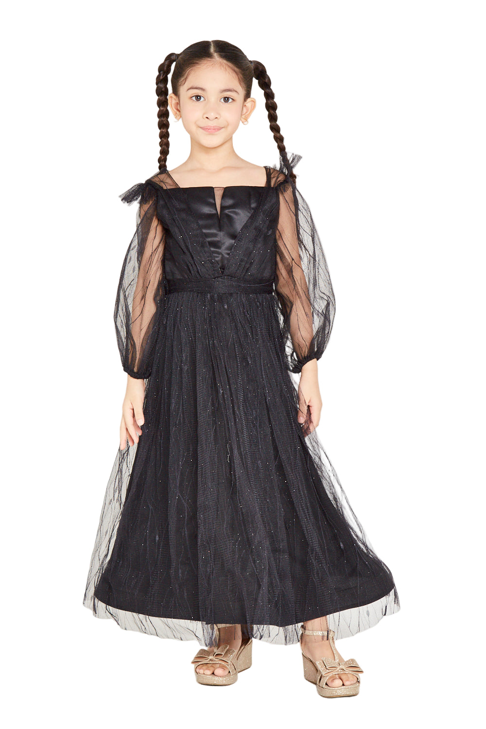 Sheer Sleeve Sparkle Tulle Gown