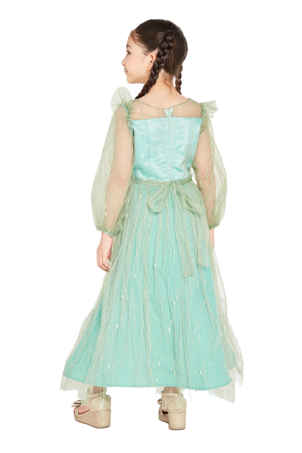 Sheer Sleeve Sparkle Tulle Gown