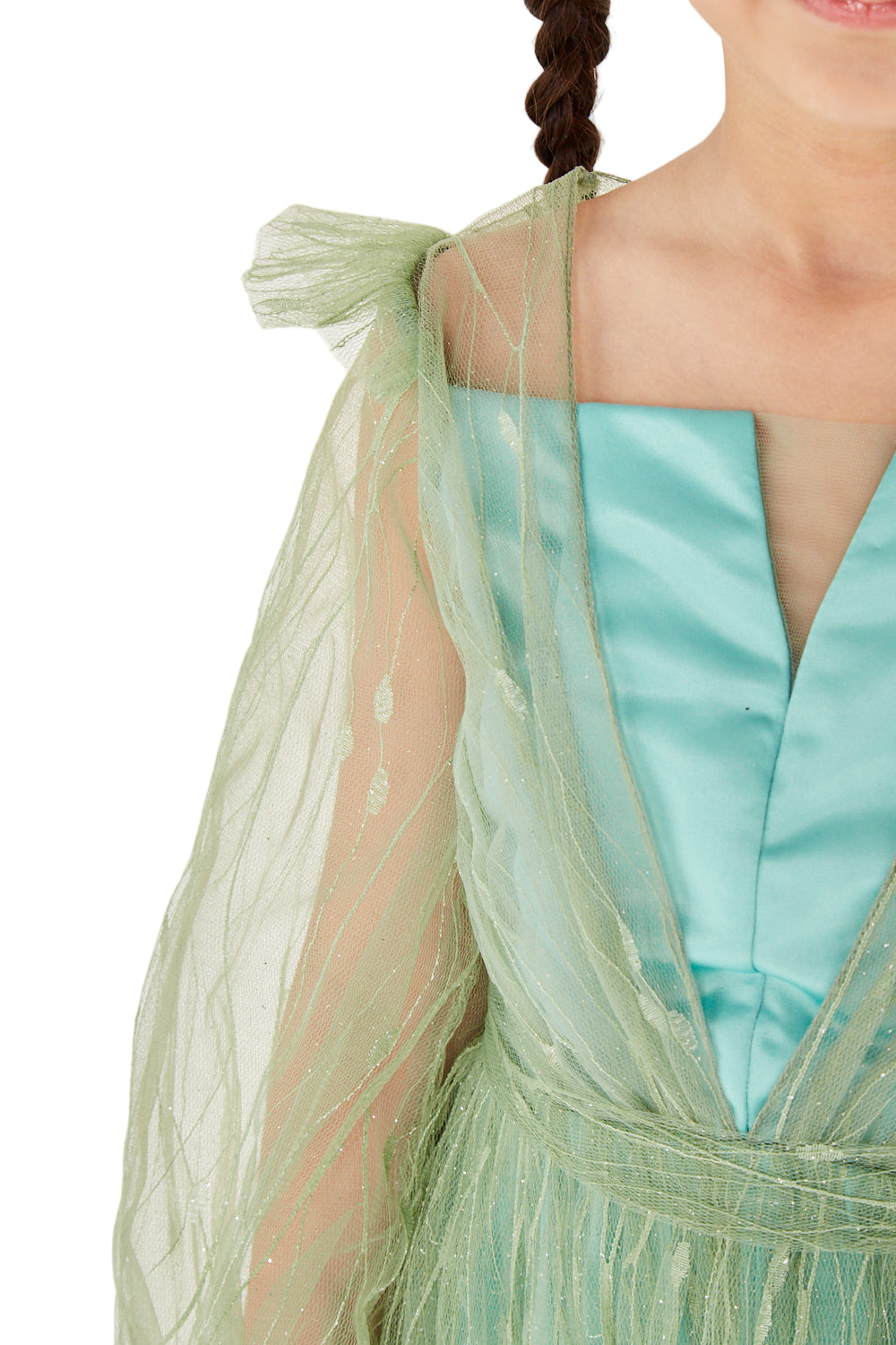 Sheer Sleeve Sparkle Tulle Gown