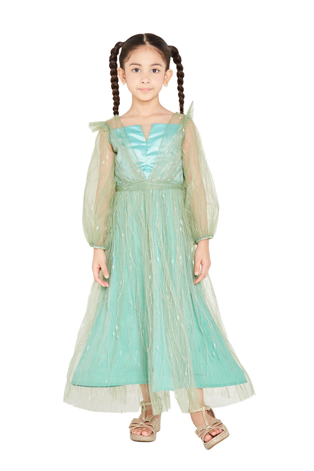 Sheer Sleeve Sparkle Tulle Gown