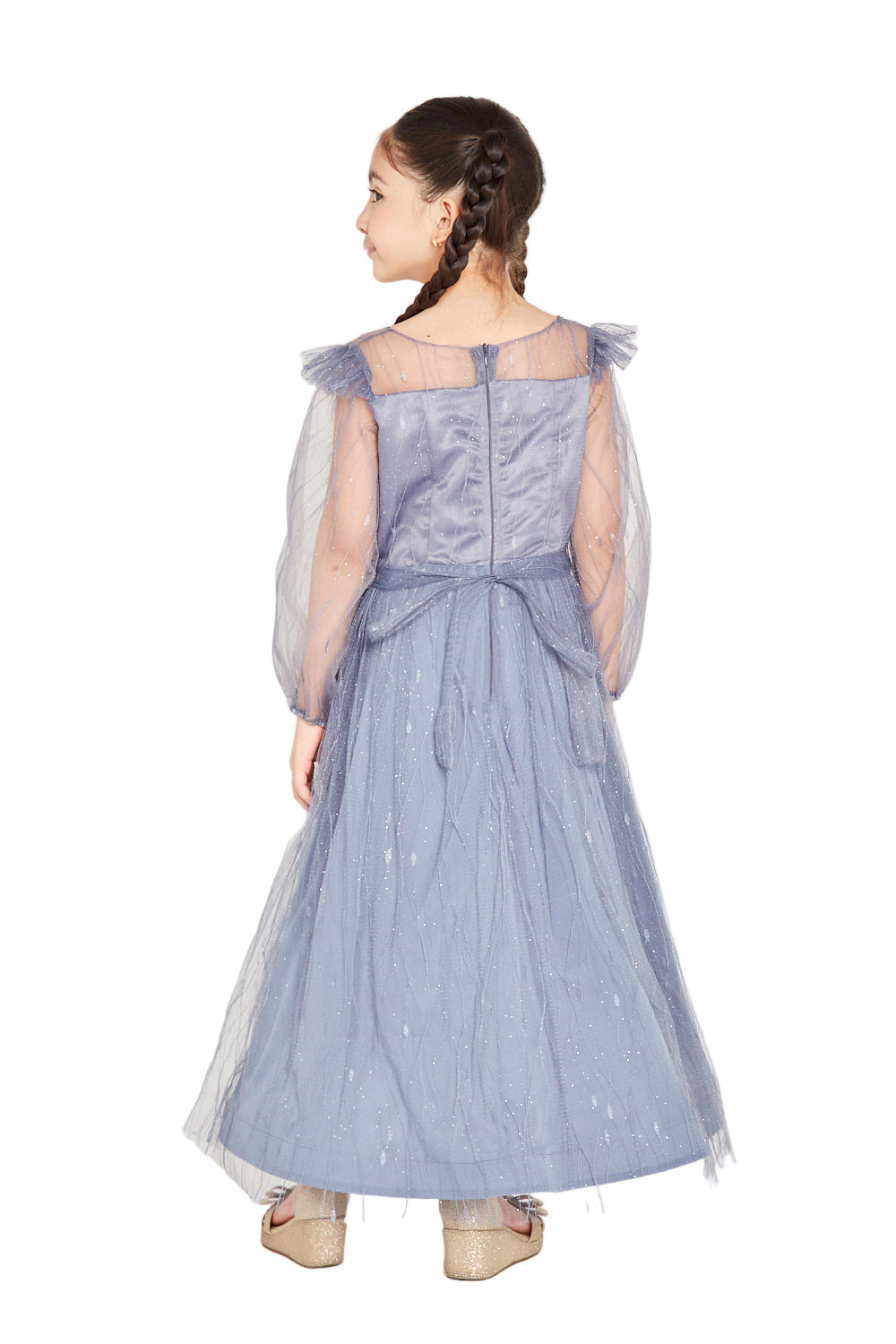 Sheer Sleeve Sparkle Tulle Gown