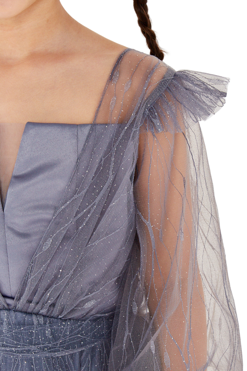 Sheer Sleeve Sparkle Tulle Gown