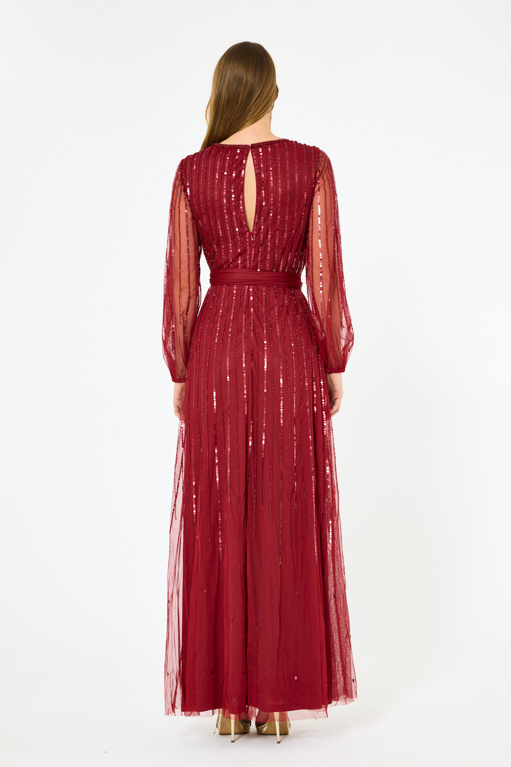 Sheer Sleeve Striped Sequin Gown