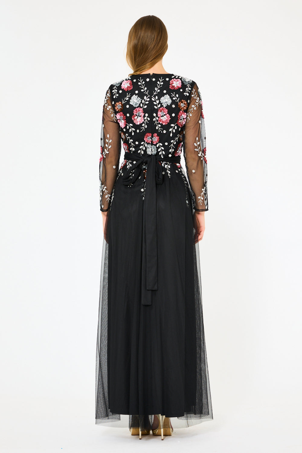 Illusion Sleeve Floral Embroidered Tulle Gown