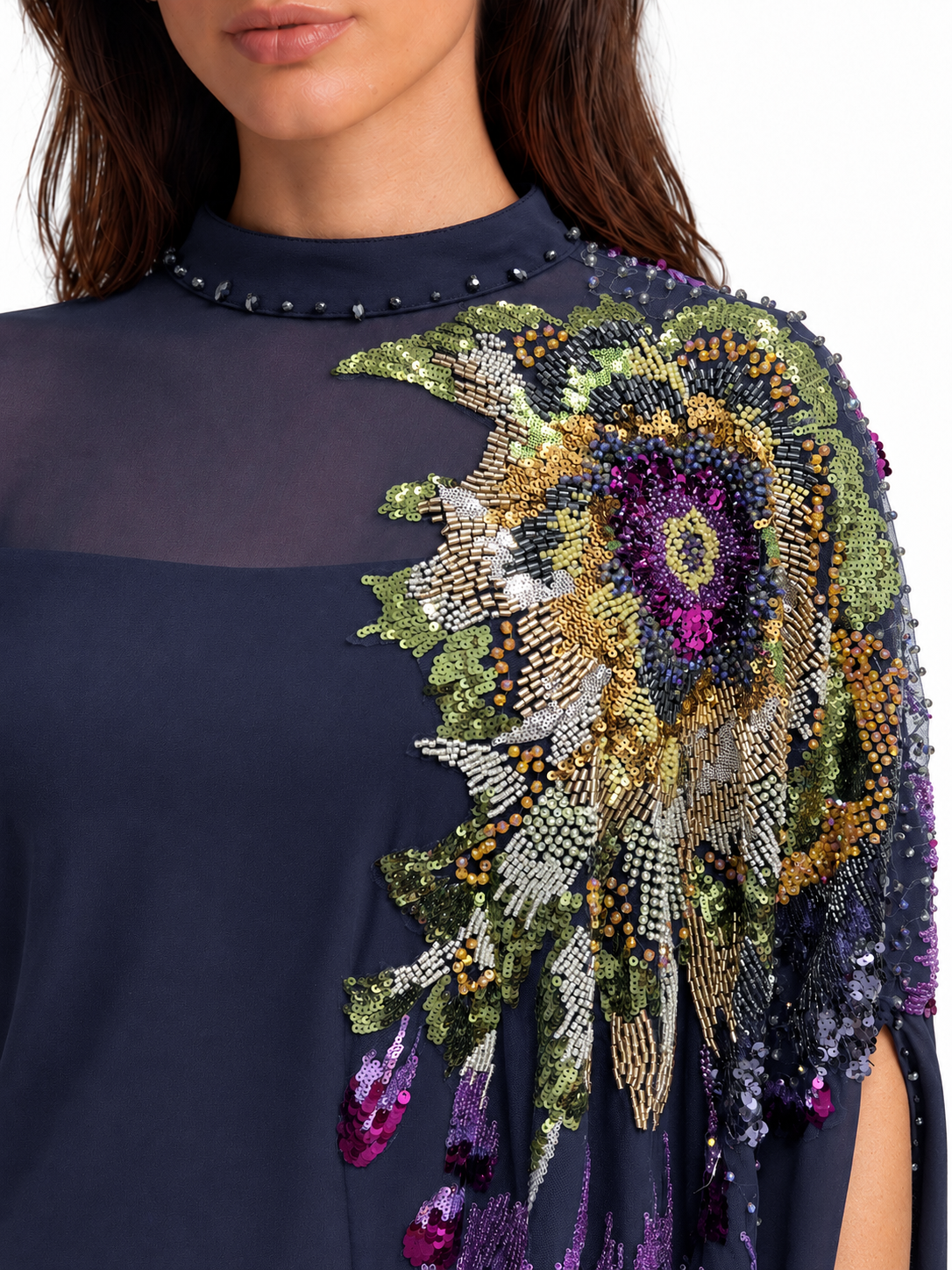 "Nesma" High Neck Beaded Cape Dress