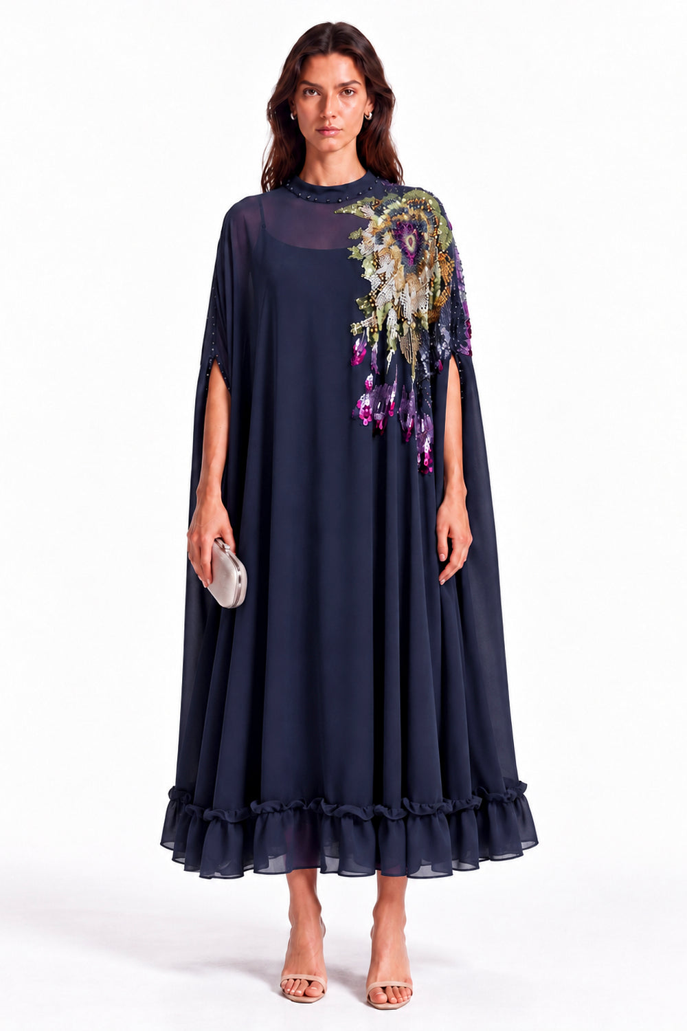 "Nesma" High Neck Beaded Cape Dress