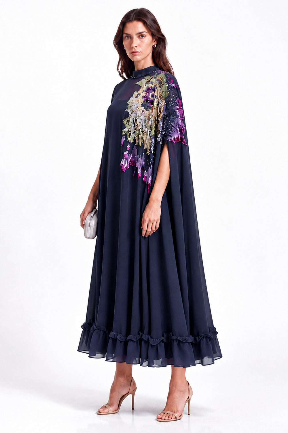 "Nesma" High Neck Beaded Cape Dress