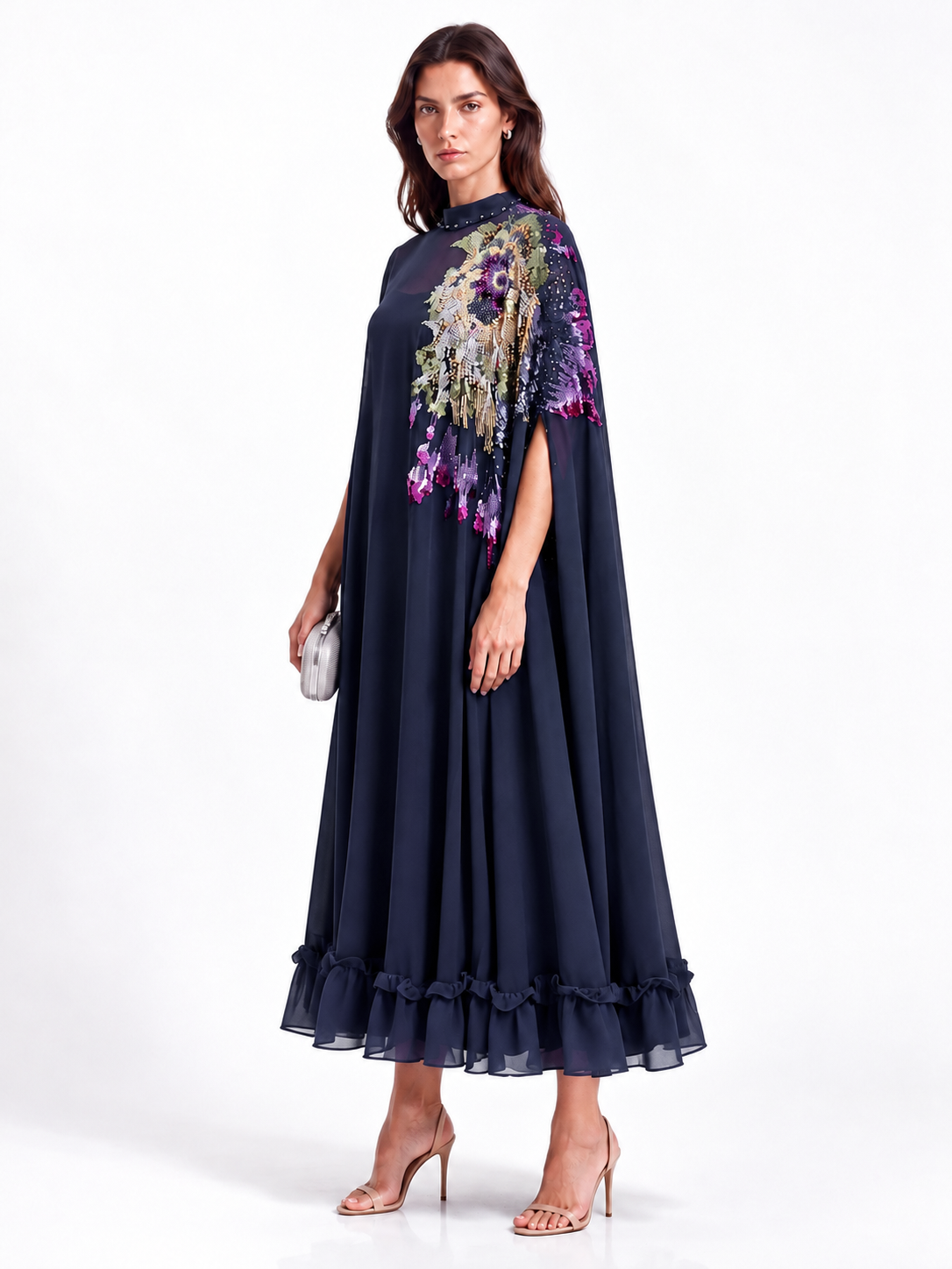 "Nesma" High Neck Beaded Cape Dress