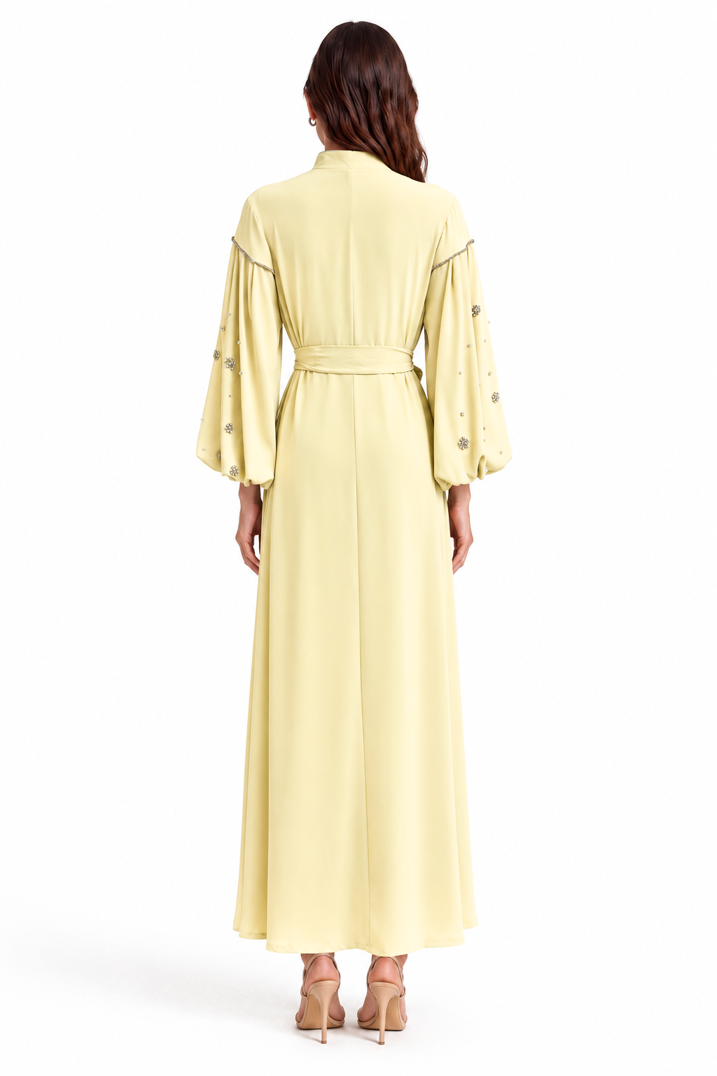 "Mariam" Pearl Tie-Neck Balloon Sleeve Dress