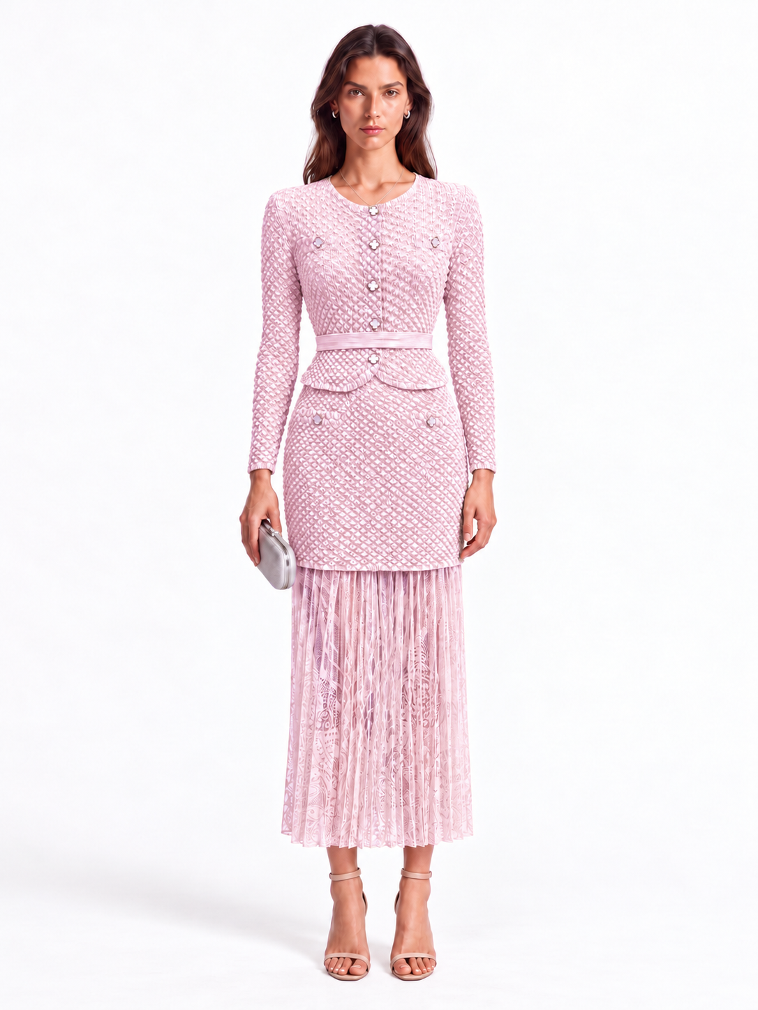 "Maya" Crinkle Chiffon & Mesh Buttoned Jacket Skirt Set