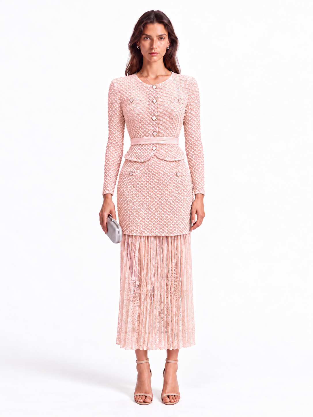 "Maya" Crinkle Chiffon & Mesh Buttoned Jacket Skirt Set