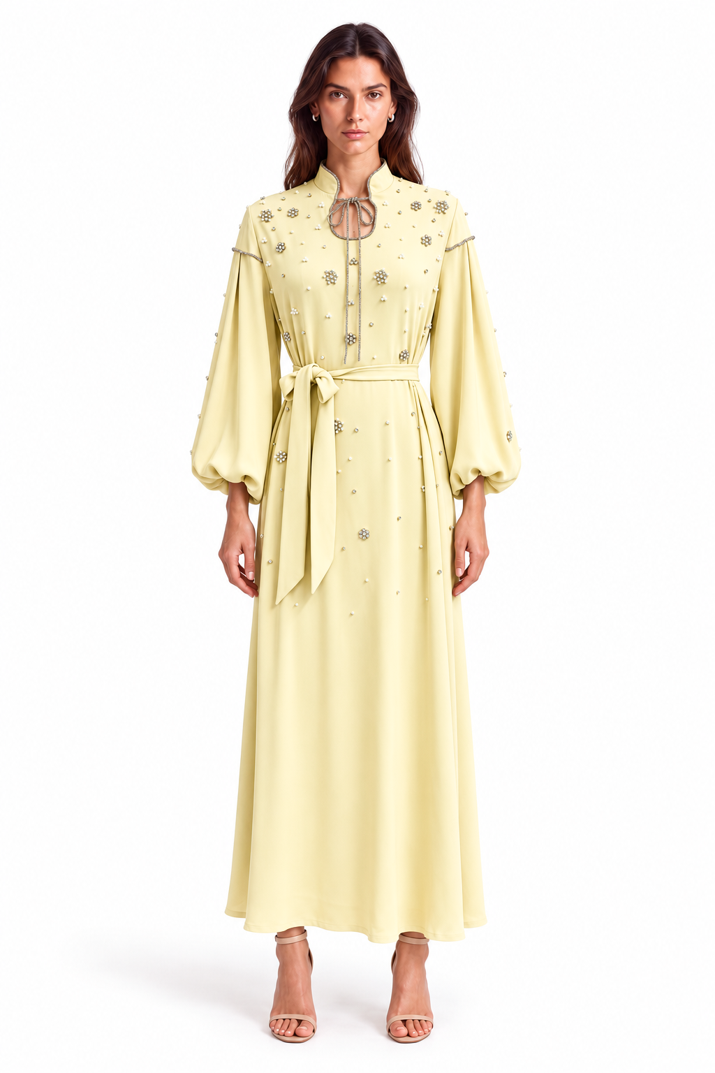 "Mariam" Pearl Tie-Neck Balloon Sleeve Dress