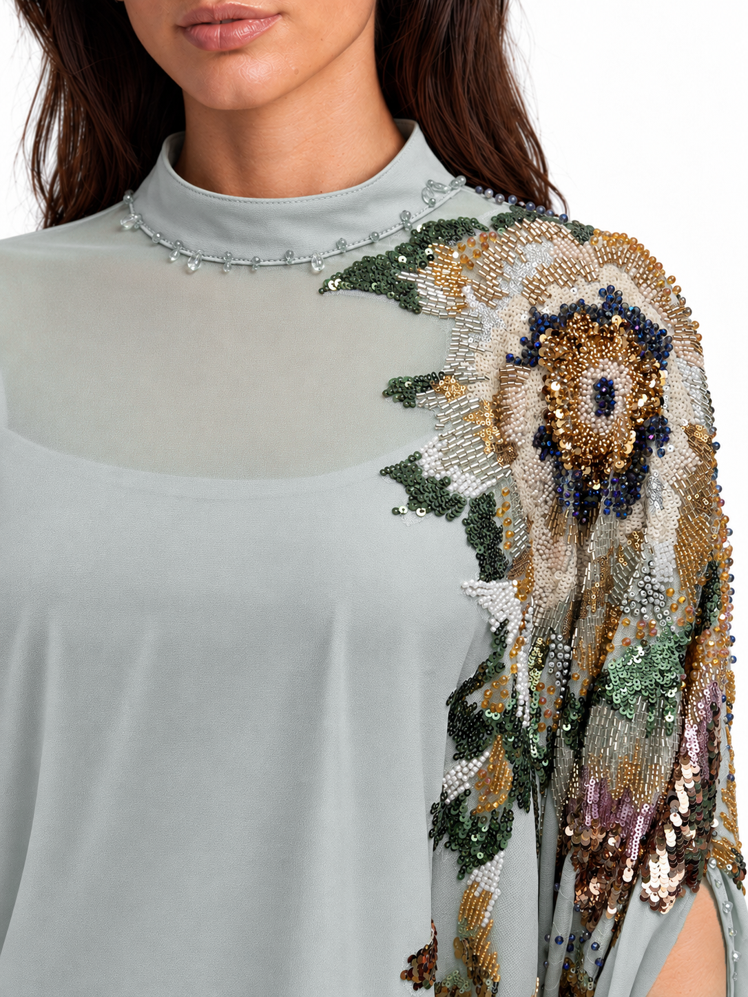 "Nesma" High Neck Beaded Cape Dress