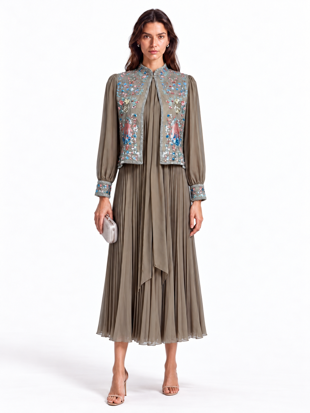 "Nesma" Embroidered Tie-Neck Pleated Dress