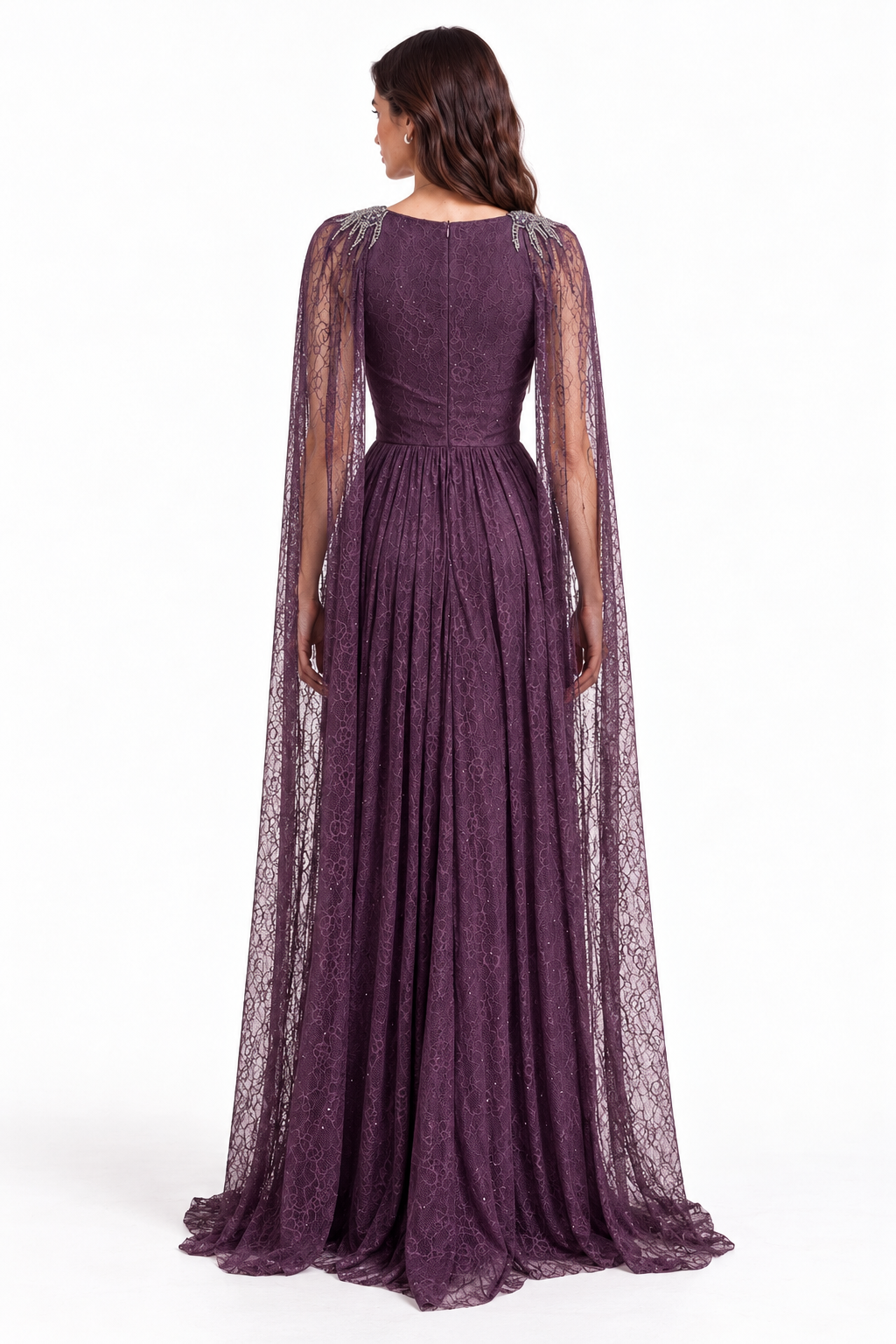 "Nadia" Crystal Cape Lace Gown
