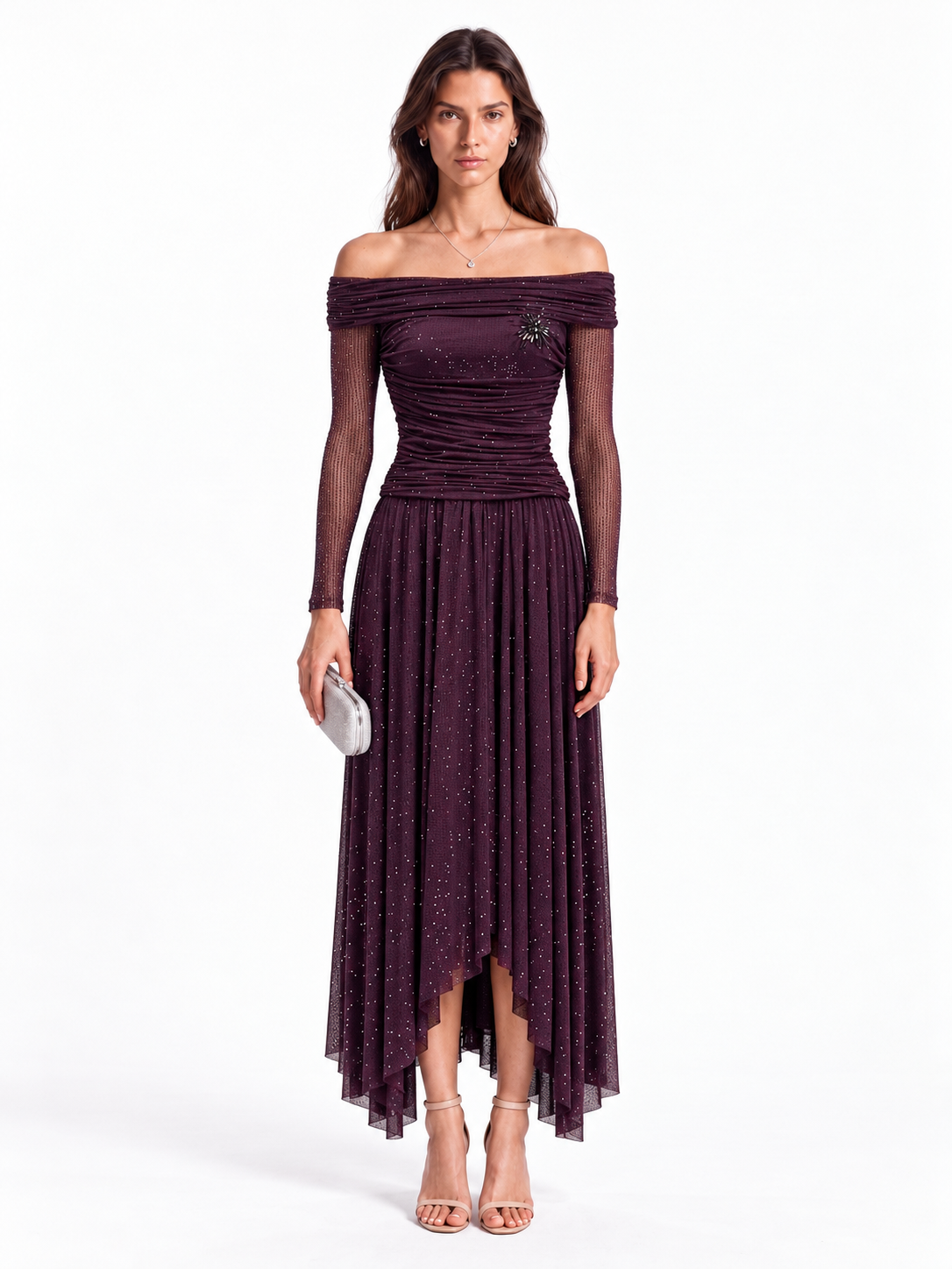 "Nadia" Off-Shoulder Asymmetric Hem Gown