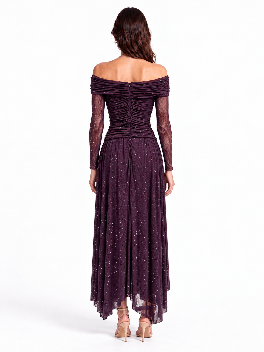 "Nadia" Off-Shoulder Asymmetric Hem Gown