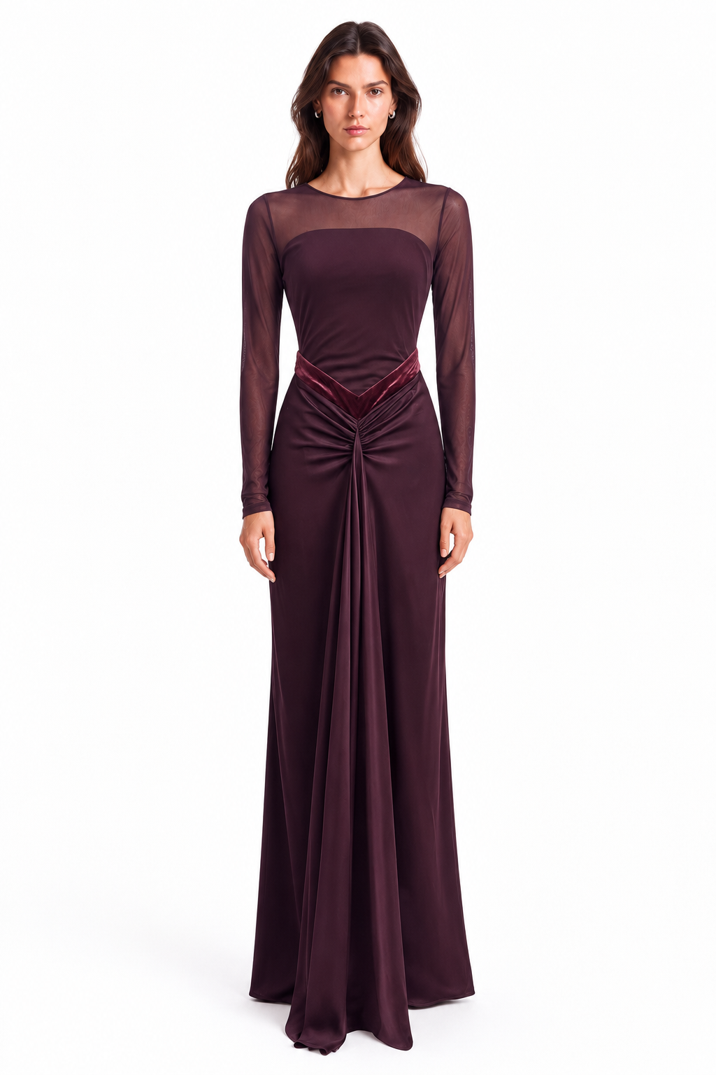"Talia" Sheer-Sleeve Draped Maxi Gown