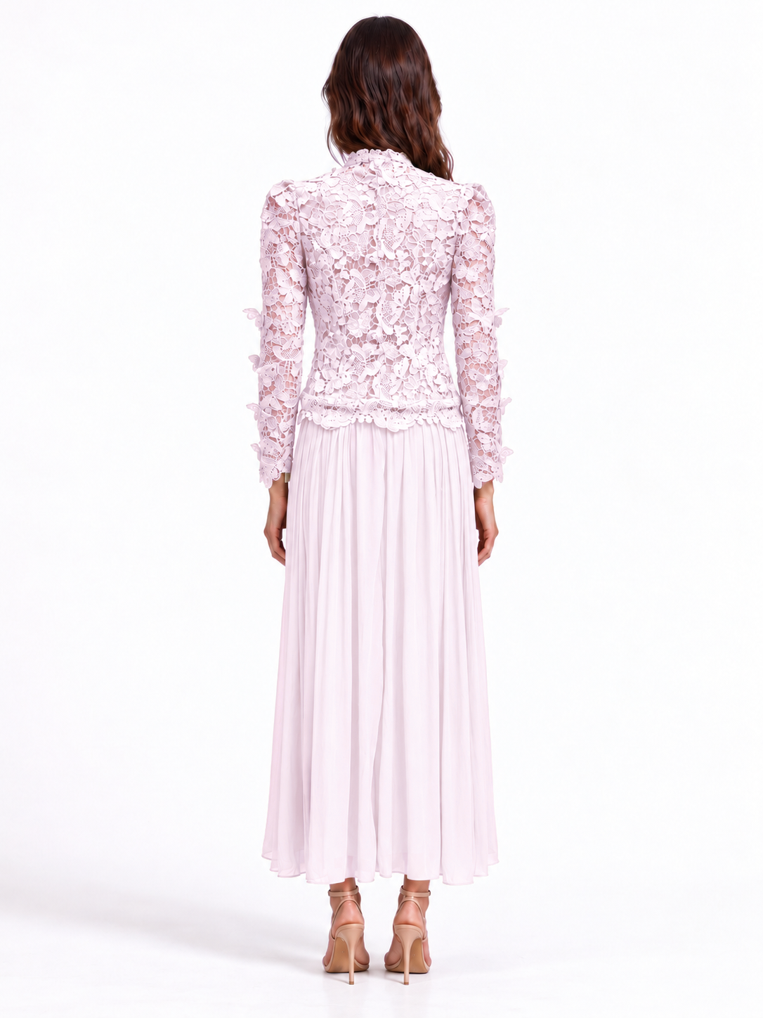 "Elara" Butterfly Lace Pleated Maxi Dress