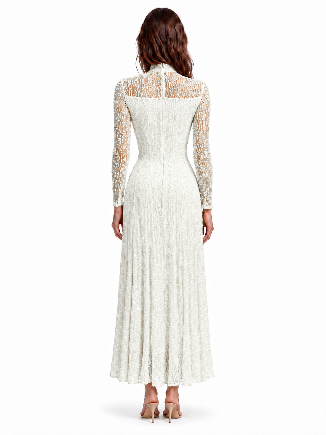"Elara" High-Neck Beaded Lace Maxi Dress