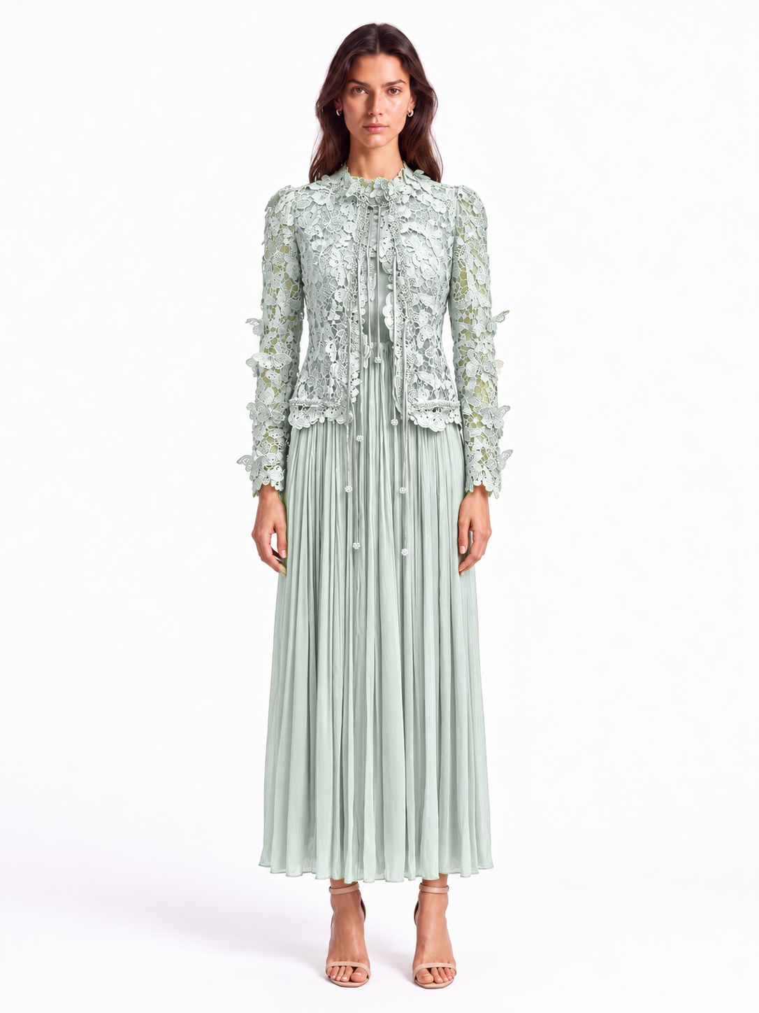 "Elara" Butterfly Lace Pleated Maxi Dress