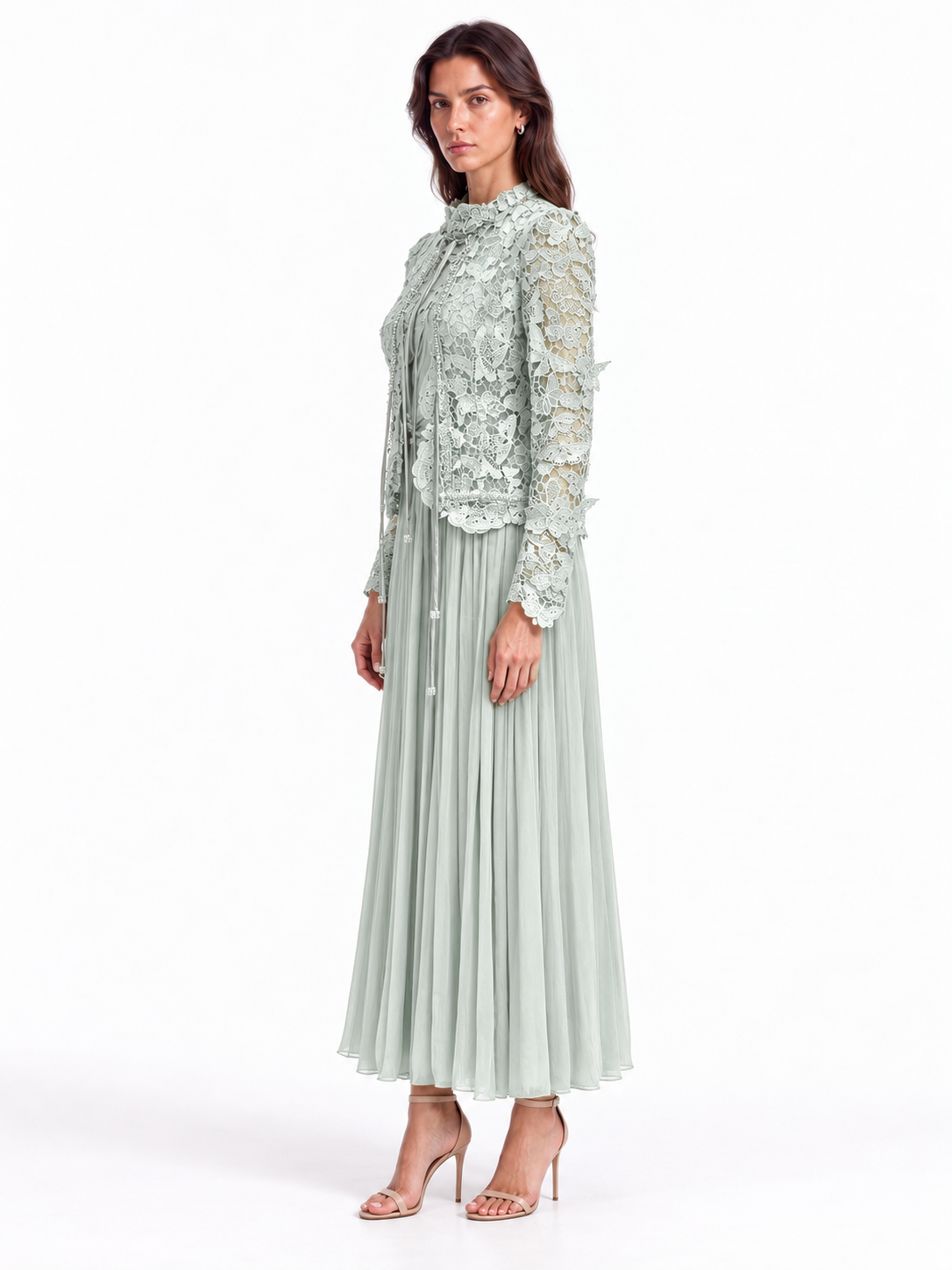 "Elara" Butterfly Lace Pleated Maxi Dress