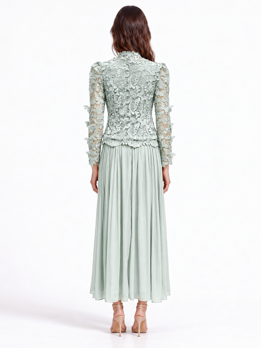 "Elara" Butterfly Lace Pleated Maxi Dress