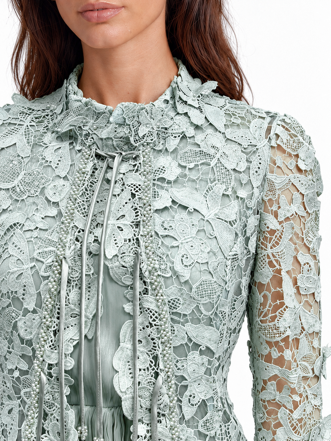 "Elara" Butterfly Lace Pleated Maxi Dress