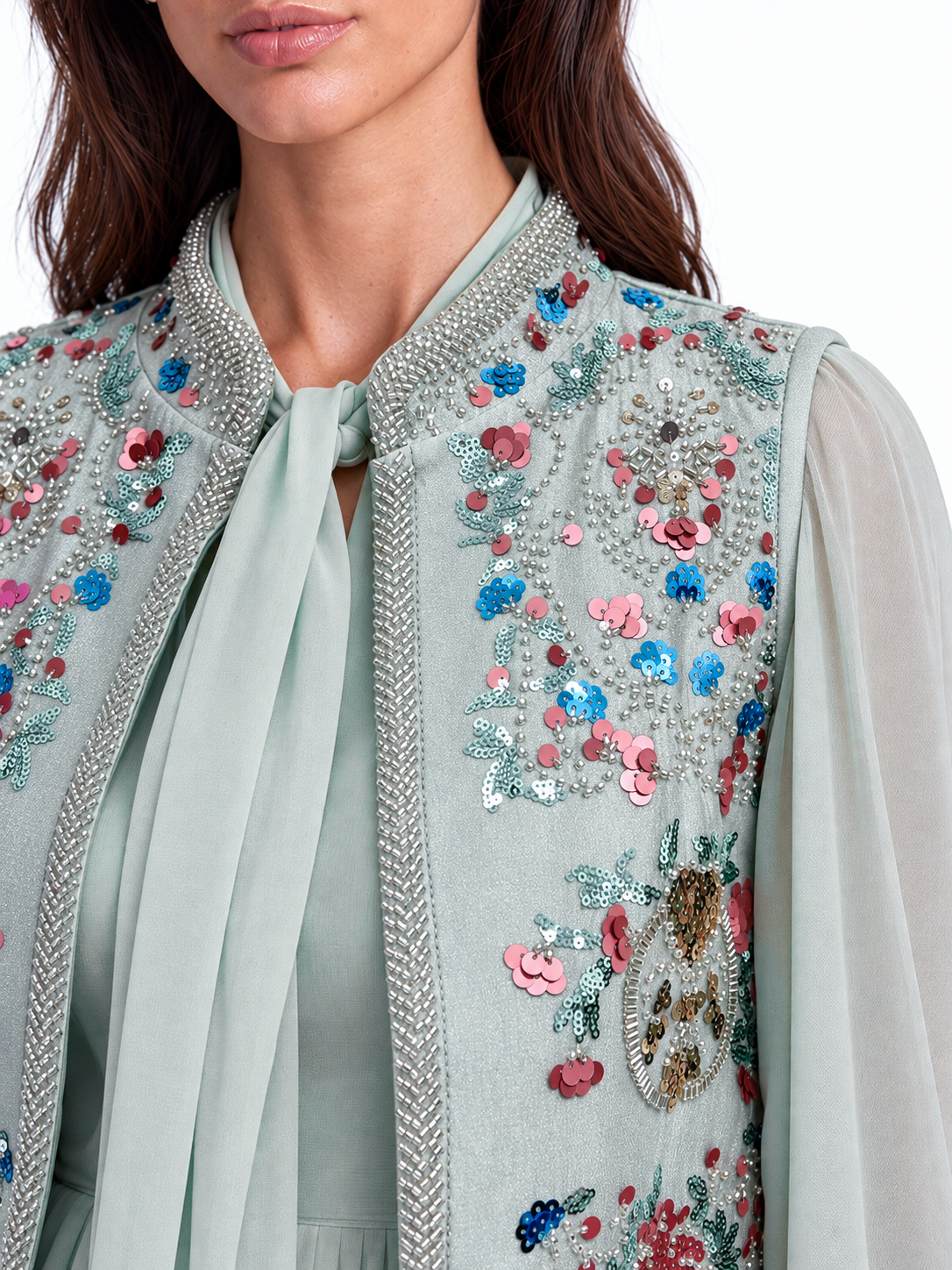 "Nesma" Embroidered Tie-Neck Pleated Dress