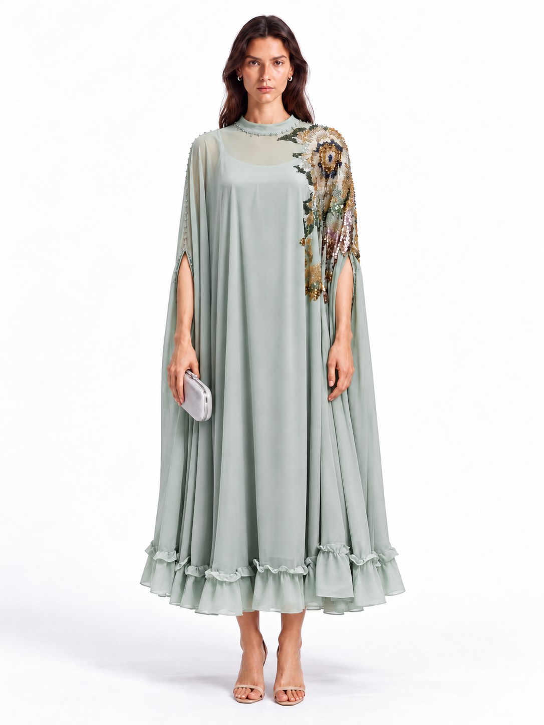 "Nesma" High Neck Beaded Cape Dress