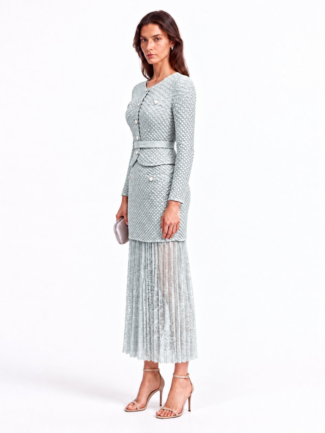 "Maya" Crinkle Chiffon & Mesh Buttoned Jacket Skirt Set
