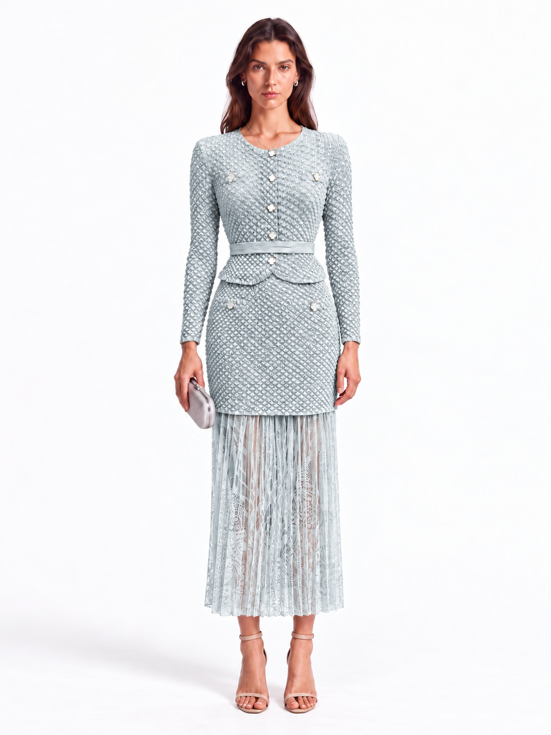 "Maya" Crinkle Chiffon & Mesh Buttoned Jacket Skirt Set