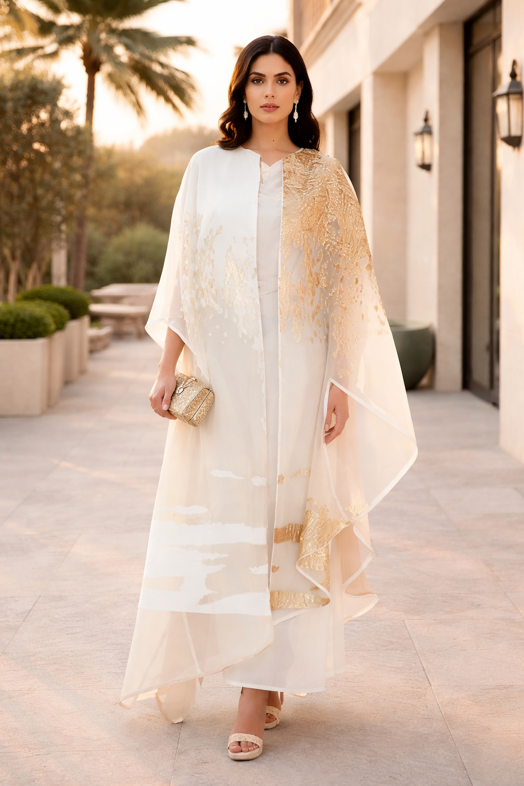 Asymmetrical Jaquard Jalabiya With V-Neckline And Kimono Sleeves
