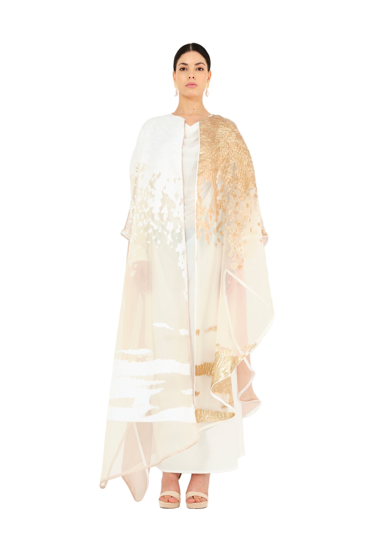 Asymmetrical Jaquard Jalabiya With V-Neckline And Kimono Sleeves