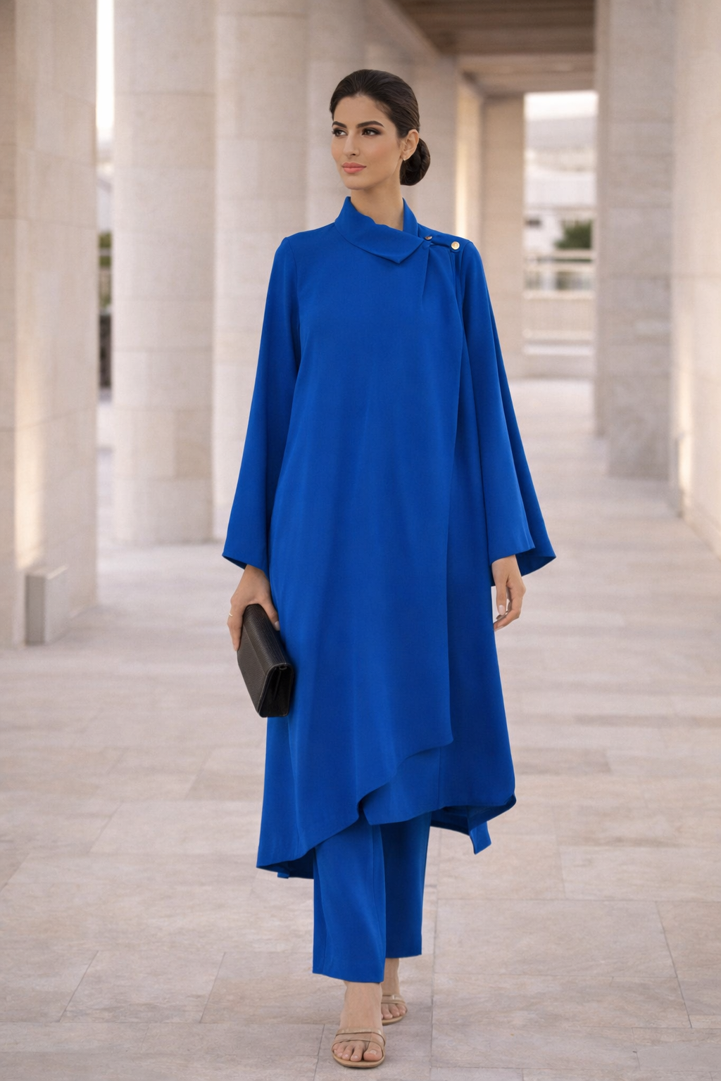 Stylish Chiffon Maxi Dress With Fitted Pants