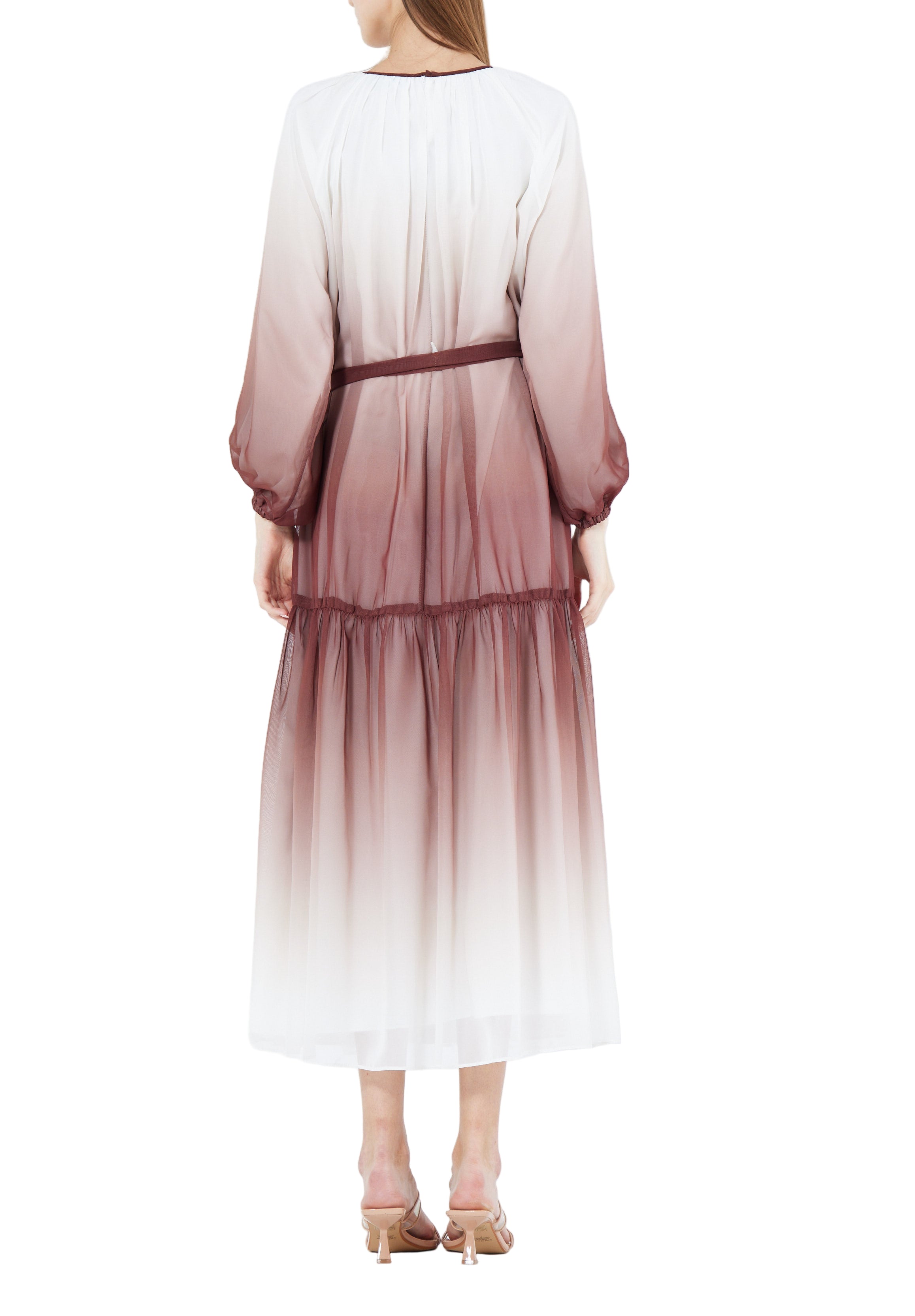 Double Shaded Printed Chiffon Jalabiya With Round Neckline And Long Puff Sleeves