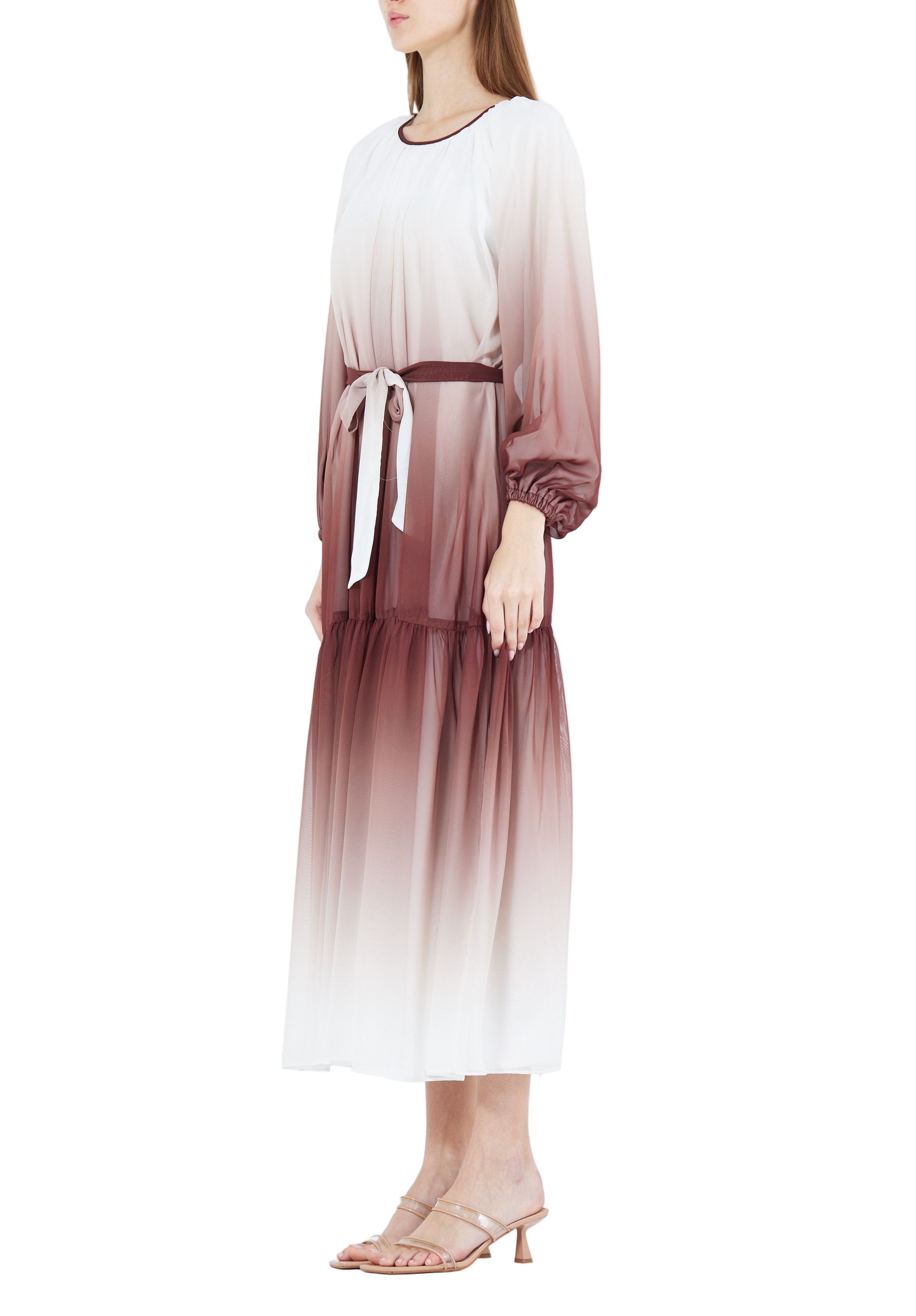 Double Shaded Printed Chiffon Jalabiya With Round Neckline And Long Puff Sleeves