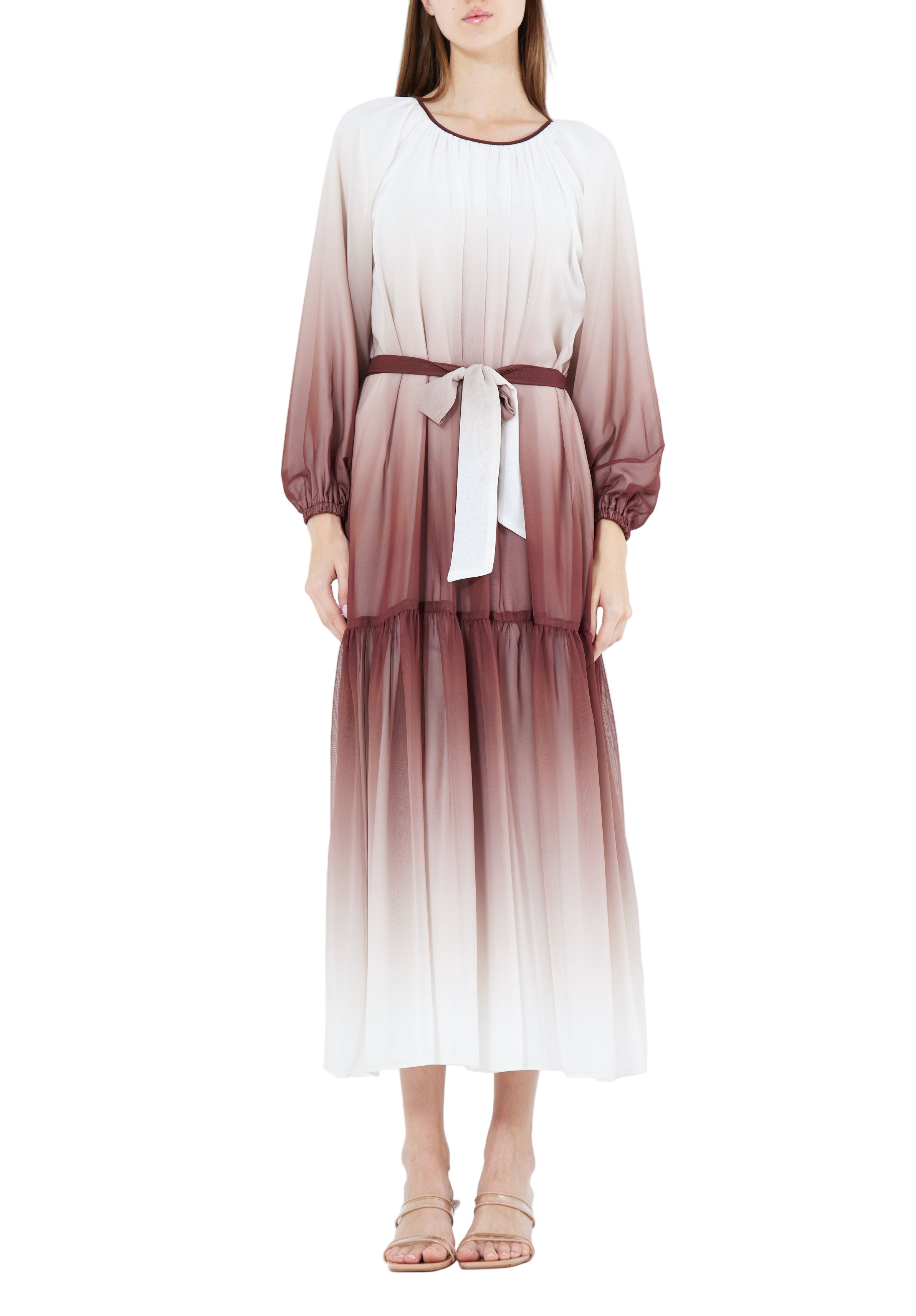 Double Shaded Printed Chiffon Jalabiya With Round Neckline And Long Puff Sleeves