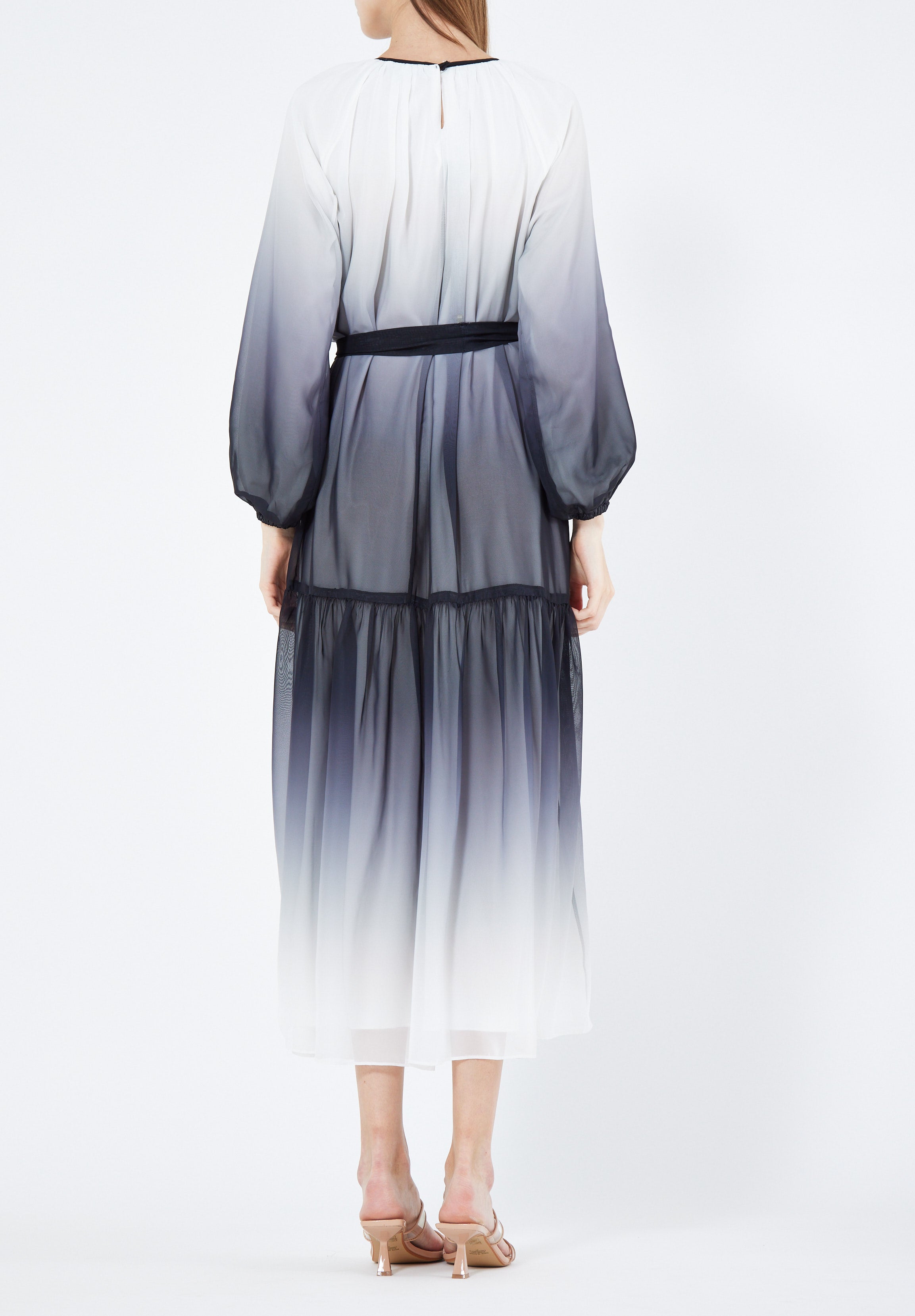 Double Shaded Printed Chiffon Jalabiya With Round Neckline And Long Puff Sleeves