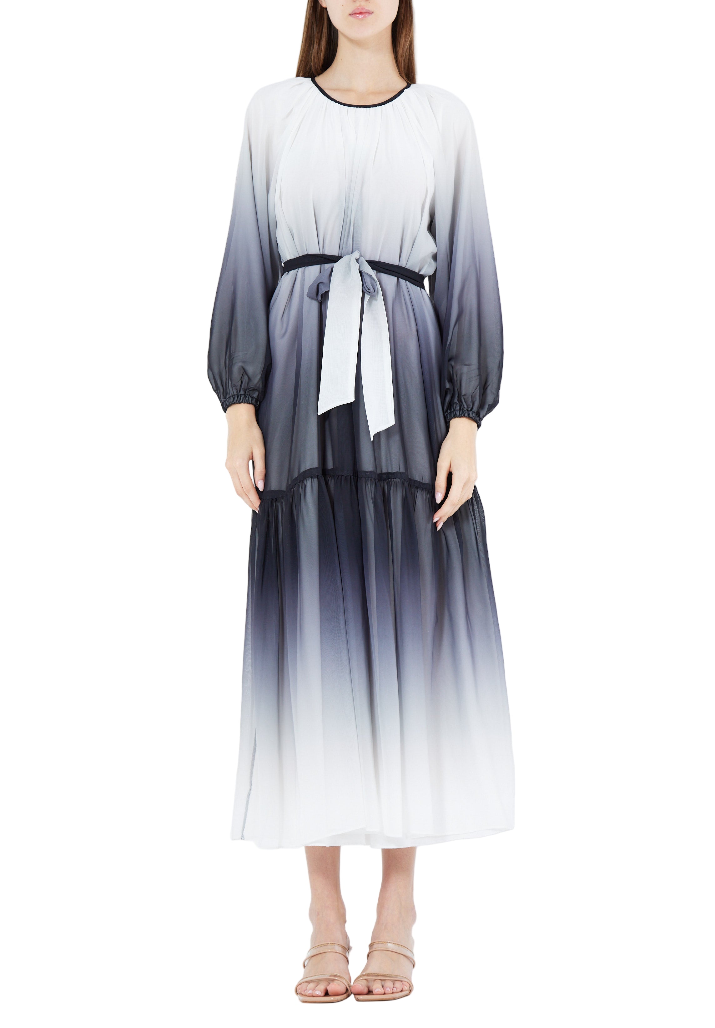 Double Shaded Printed Chiffon Jalabiya With Round Neckline And Long Puff Sleeves